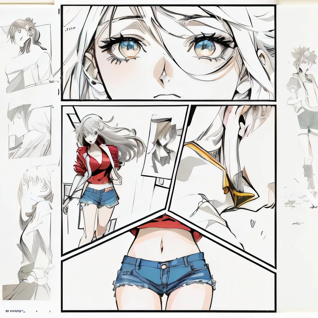 a cartoon picture of a woman with a red shirt and blue shorts, colored manga panel, manga page, color manga panel, in style of manga, colored sketch anime manga panel, full color manga visual style, in manga style, manga art style, comic artstyle, manga illustration, detailed manga style, manga style only, colored manga, striking manga artstyle