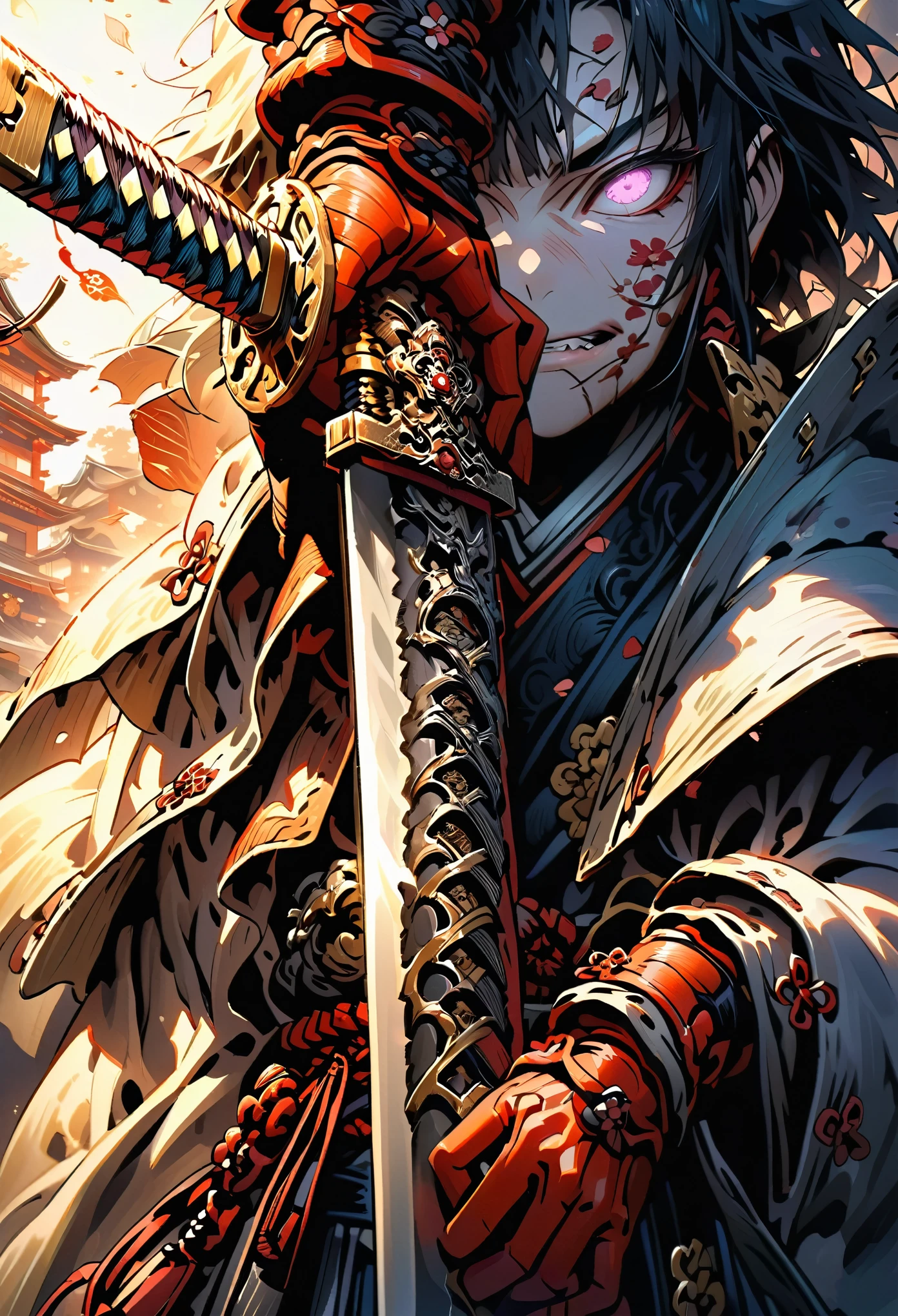 Close-up of a sword held by a samurai, face out of focus, detailed sword with edge and ornament, sword held in one hand, image taken from below reflecting the light of the metal sword