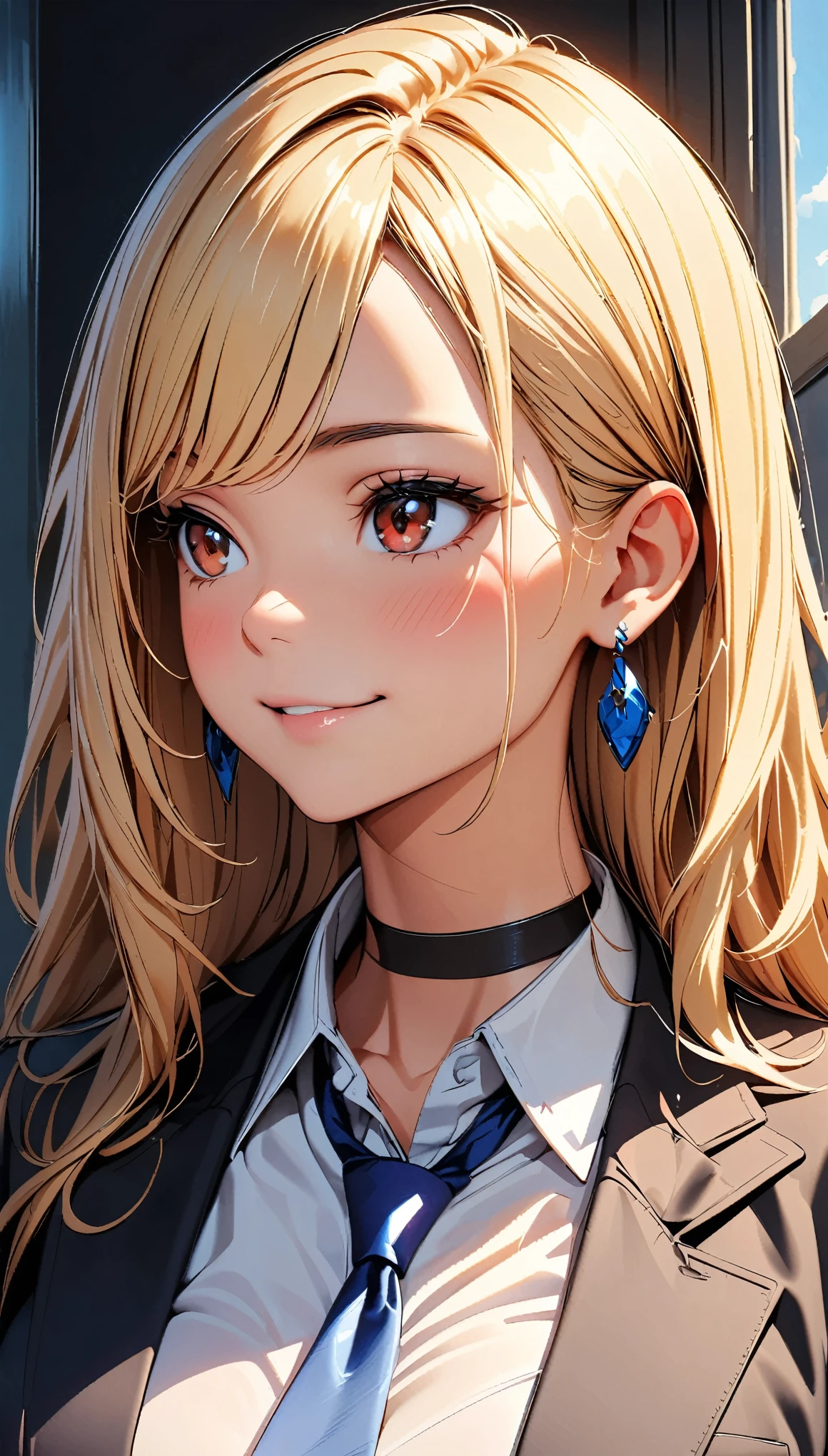 (highest quality:1.2, Very detailed, High Detail, digital coloring, High Contrast, masterpiece:1.2, highest quality, Best aesthetics), ((1 girl)), blonde, Straight Long Hair, Red eyes, Earrings, Black choker, Collared shirt, Blue tie, smile, blush, Facing the cat, profile,Face Up Shot, Face to face with cat:1.2, Focus on profile.