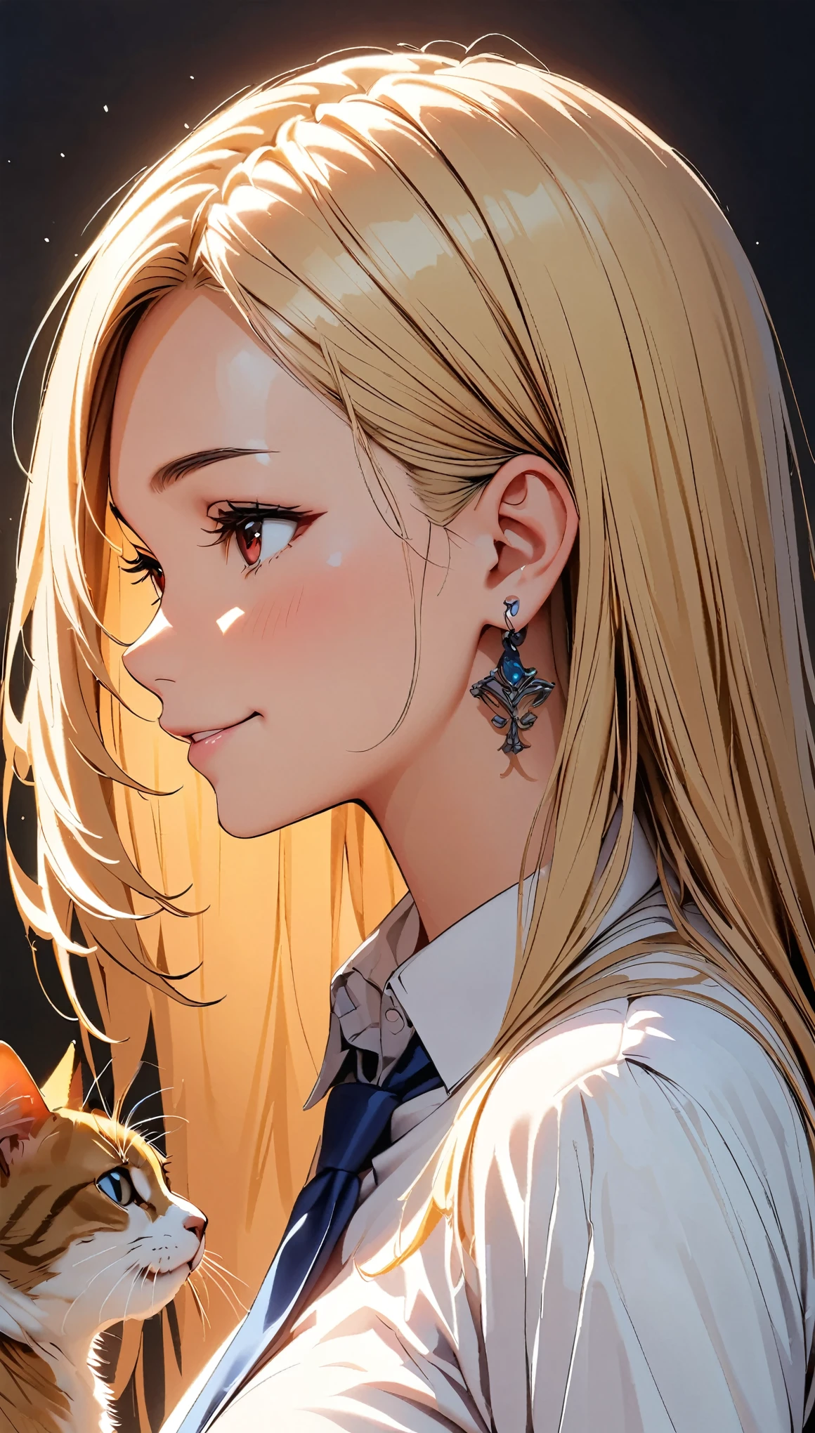 (highest quality:1.2, Very detailed, High Detail, digital coloring, High Contrast, masterpiece:1.2, highest quality, Best aesthetics), ((1 girl)), blonde, Straight Long Hair, Red eyes, Earrings, Black choker, Collared shirt, Blue tie, smile, blush, Facing the cat, profile,Face Up Shot, Face to face with cat:1.2, Focus on profile.