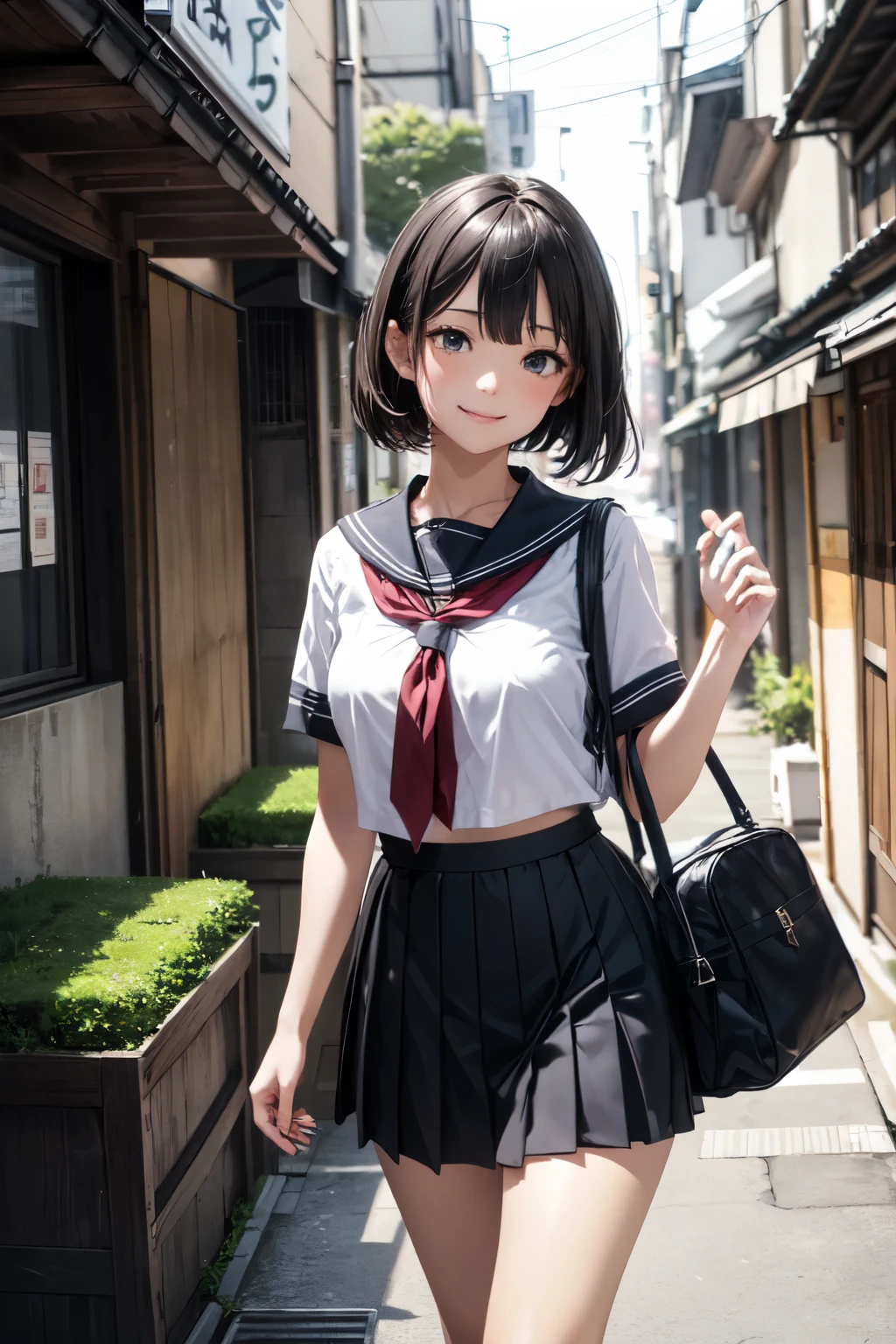 very cute and beautiful girl,(highly detailed beautiful face and eyes),(smile:1.2),shy,looking at viewer,
black hair,serafuku,(pleated navyblue mini skirt),standing,holding school bag,
narrow alley in tokyo,stone wall in front of modern building,trees,shrubbery,
(best quality,masterpiece),absurdres,highres,ultra-detailed,extremely detailed,32k,8k resolution,
intricate details,cinematic scene,detailed background,solo,dynamic angle,