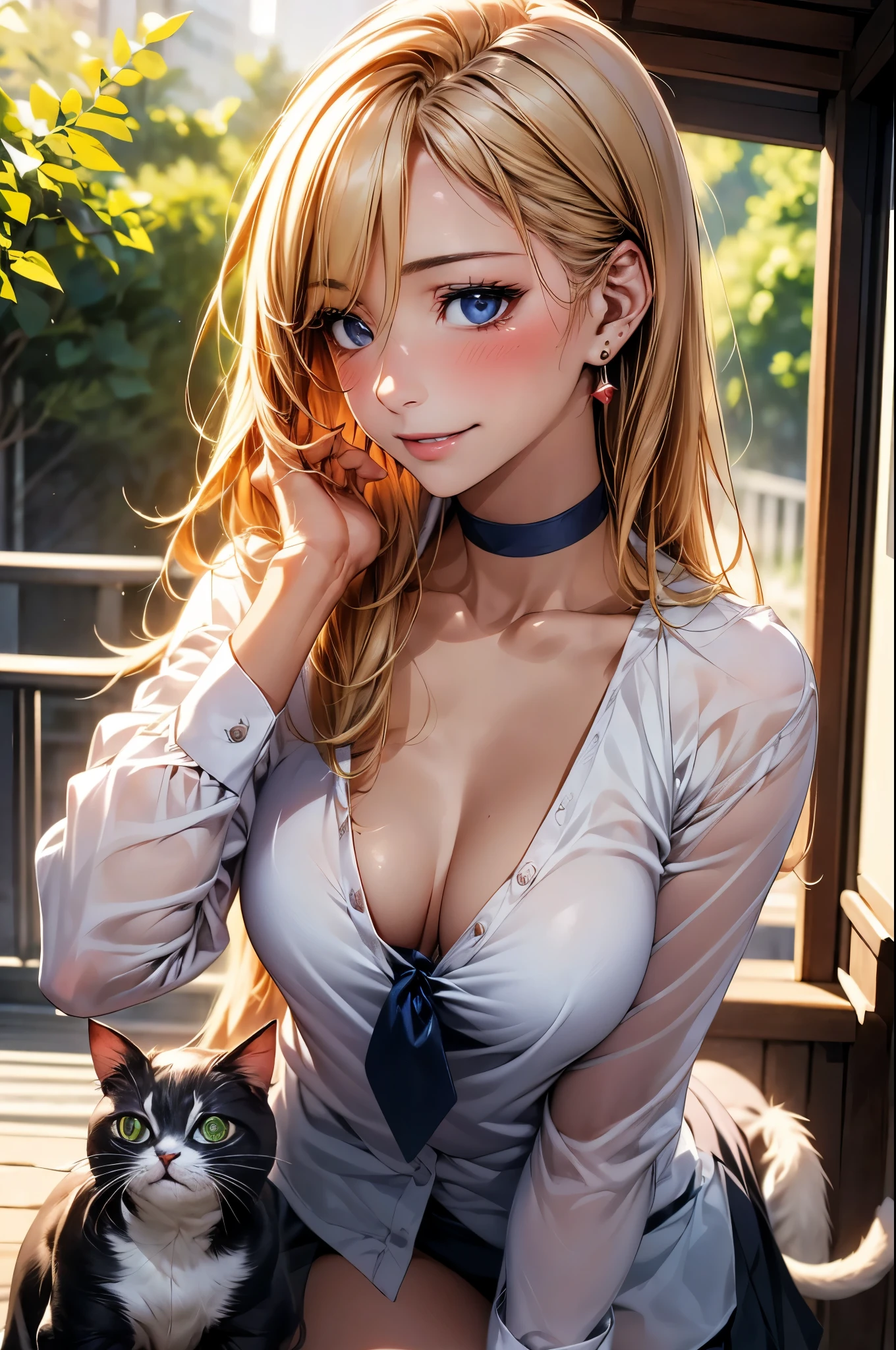 (masterpiece:1.2, top-quality), (realistic, photorealistic:1.4), beautiful illustration, (natural side lighting, movie lighting), 
looking at viewer, 1 girl, japanese, high school girl, perfect face, cute and symmetrical face, babyface, shiny skin, 
(long hair, straight hair, blonde hair), hair between eyes, red eyes, long eye lasher, (large breasts:0.6), sexy lips, erotic, sexy, mature body, jk, 
beautiful hair, beautiful face, beautiful detailed eyes, beautiful clavicle, beautiful body, beautiful chest, beautiful thigh, beautiful legs, beautiful fingers, 
earrings, black choker, collared shirt, blue tie, ,
(beautiful scenery), (park), smile, blush, (facing the cat, profile, face up shot, face to face with cat:1.2, focus on profile), 