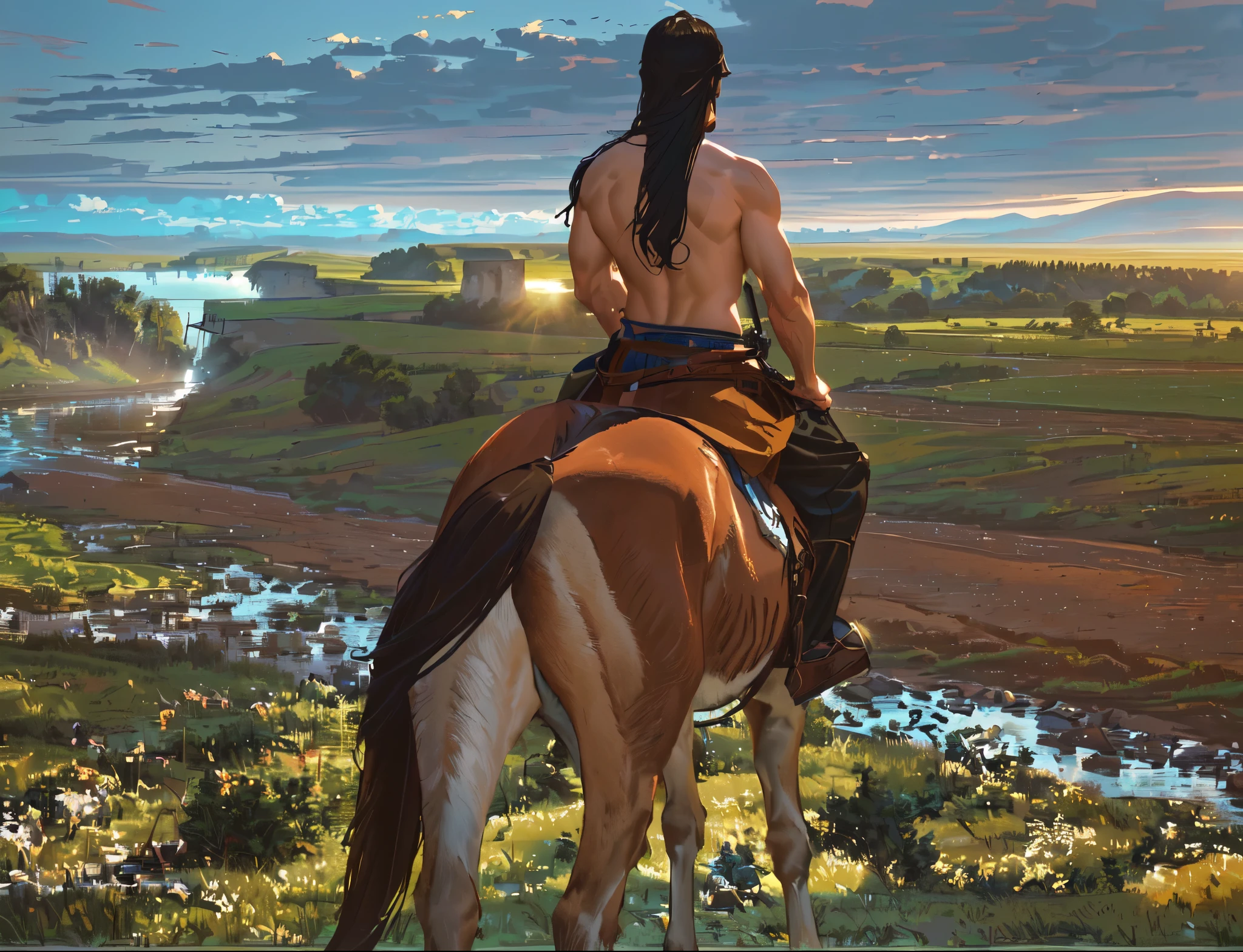there is a man riding a horse ,muscular,Strong back muscles,by the water, horse riding, Mexican cowboys, adam driver as Centaur warrior, Sihors Valley, riding a horse, knight, horse knight, horse riding, in a meadow, Horse Warrior, Standing on the Plains of Rohan, Cowboy Behind the Scenes, horse riding, Centaur