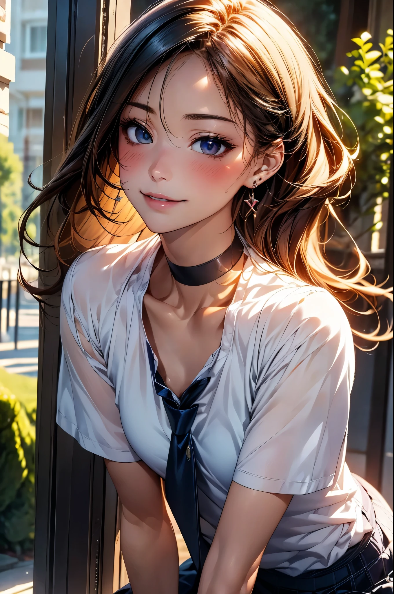 (masterpiece:1.2, top-quality), (realistic, photorealistic:1.4), beautiful illustration, (natural side lighting, movie lighting), 
looking at viewer, 1 girl, japanese, high school girl, perfect face, cute and symmetrical face, face, shiny skin, 
(long hair, straight hair, blonde hair), hair between eyes, red eyes, long eye lasher, (large breasts:0.6), sexy lips, erotic, sexy, mature body, jk, 
beautiful hair, beautiful face, beautiful detailed eyes, beautiful clavicle, beautiful body, beautiful chest, beautiful thigh, beautiful legs, beautiful fingers, 
earrings, black choker, collared shirt, blue tie, ,
(beautiful scenery), (park), smile, blush, (facing the cat, profile, face up shot, face to face with cat:1.2, focus on profile), 