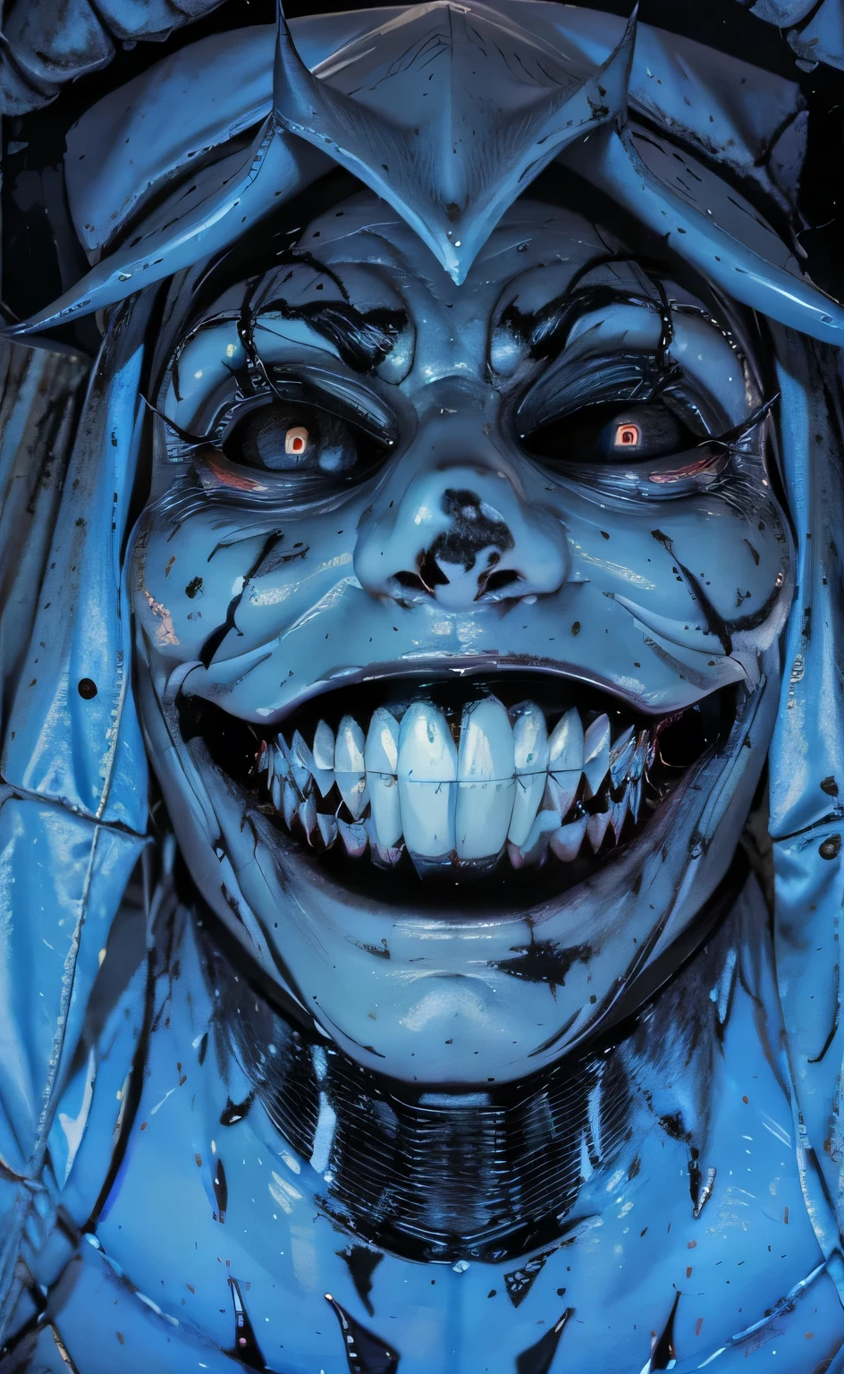 a close up of a cartoon character with a creepy smile, evil smile and glowing eyes, evil grin, wide evil grin, horrifying grin. horror, grinning sinisterly, evil insane smiling laugh, wicked grin, horror smile, malevolent smile, evil villain grin, evil smile, wicked smile, slasher smile, scary smile, large eyes and menacing smile, ULTRA REALISTIC, 8K RESOLUTION, HDR