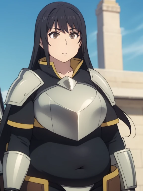 Plump black hair brown eyes longer year 21 big breasts longer hair armor leotard