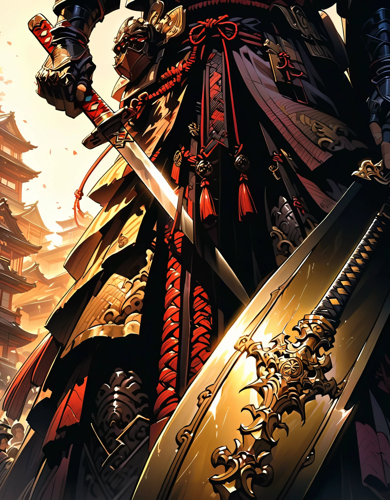 Close-up of a sword held by a samurai, face out of focus, detailed sword with edge and ornament, sword held in one hand, image taken from below reflecting the light of the metal sword