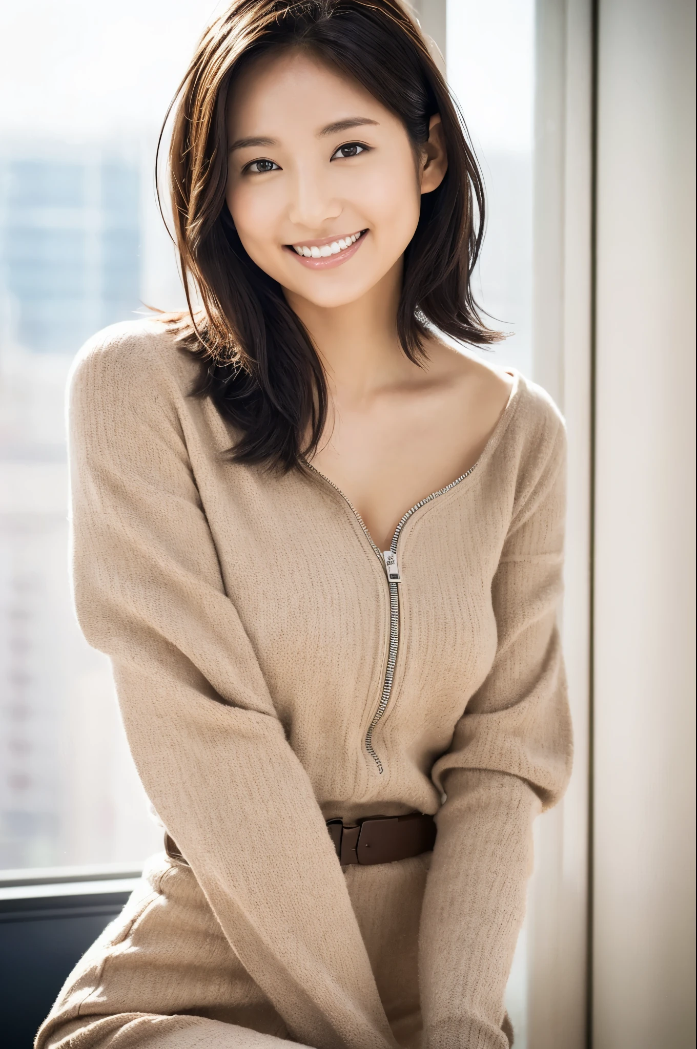 (Ultimate Beautiful Japan Woman)、Delicate facial features、Smooth Breast Augmentation、Narrow waist, Bob Hair, Grin、Captivating Gaze、Thigh shot , sexy, Zipper Dresses, Professional attire、Lunar Surface、sexyポーズ、reality的な背景とアクセサリー、Advanced Depth of Field、masterpiece、highest quality、photograph、reality、Realistic、High resolution、Super detailed、reality的 lighting, reality的,White Filter、Simple Background,Basking in the morning sun