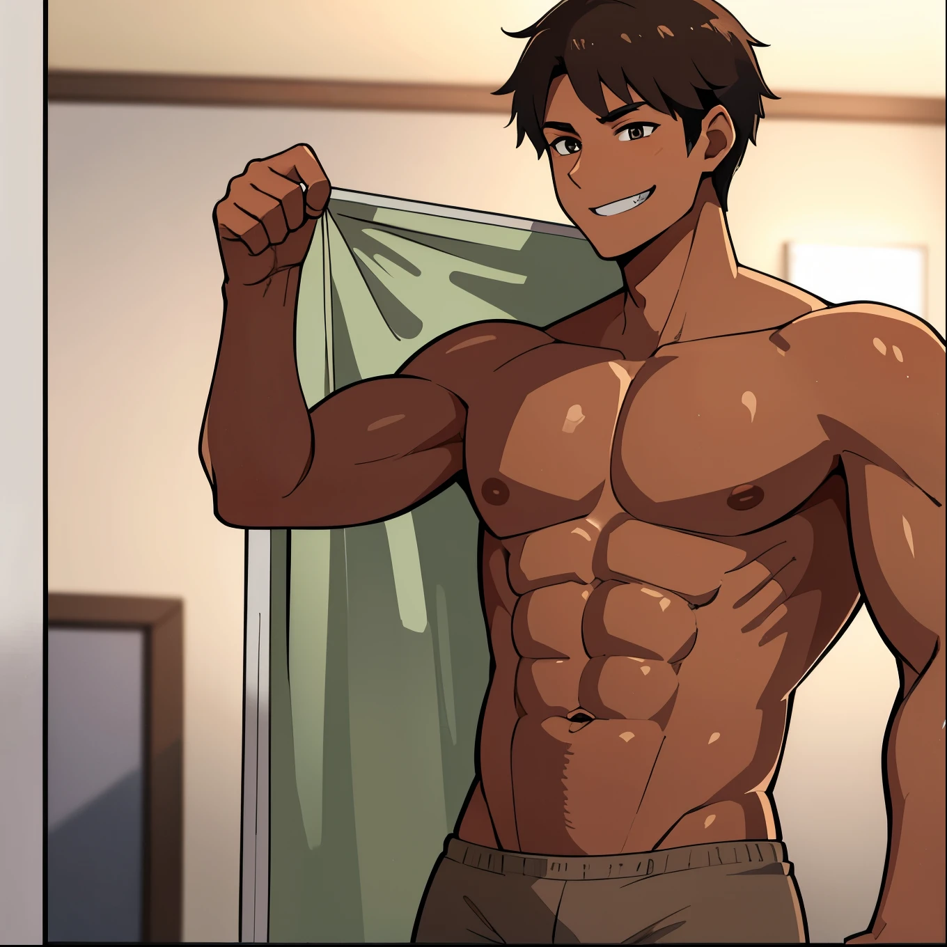 calidad superior, Obra maestra, Ultra high resolution, of a tall boy with brown hair and brown eyes, he is in a room without a shirt, he is muscular and he smiles in a perverted way. 