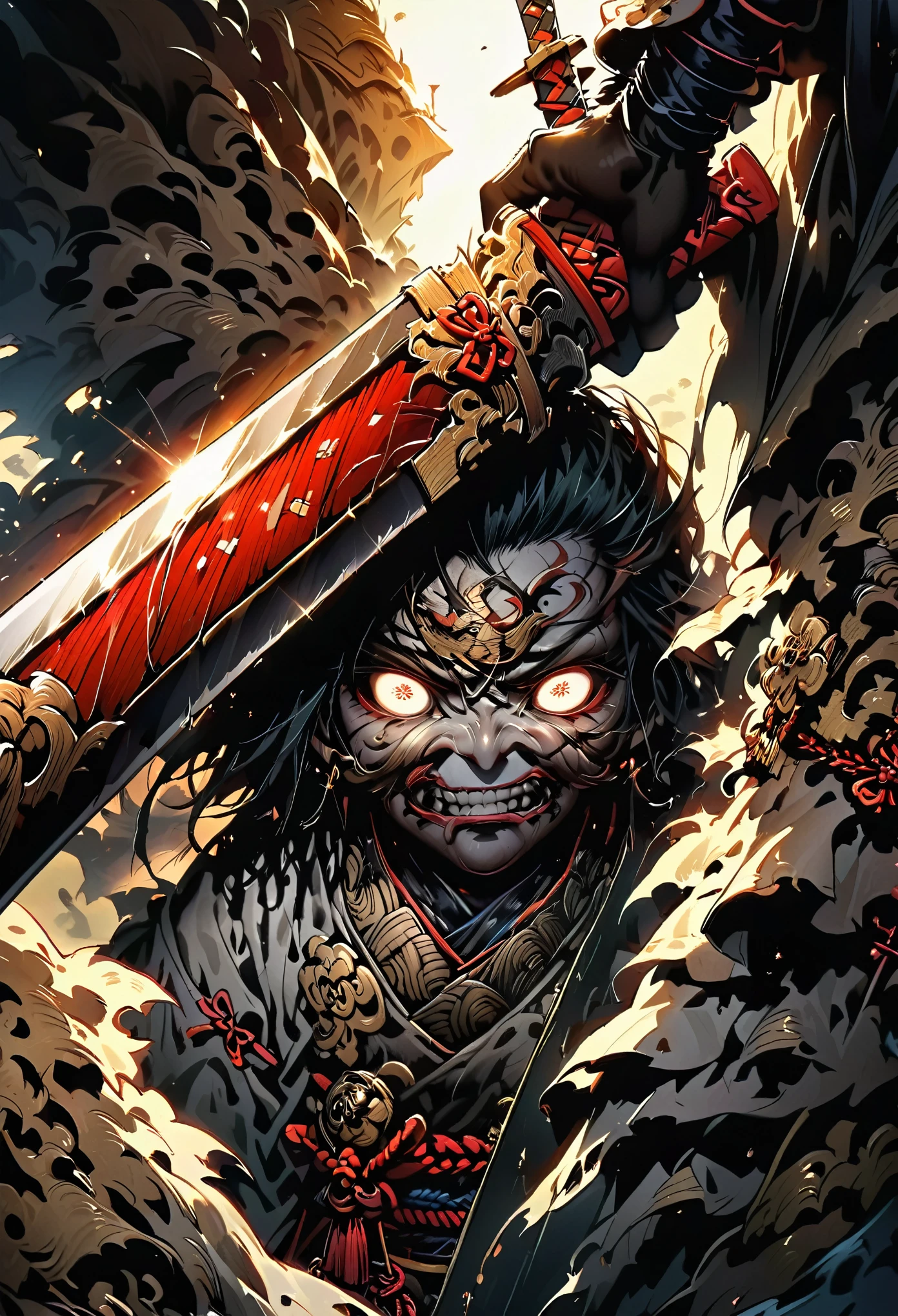 Close-up of a sword held by a samurai, face out of focus, detailed sword with edge and ornament, sword held in one hand, image taken from below reflecting the light of the metal sword