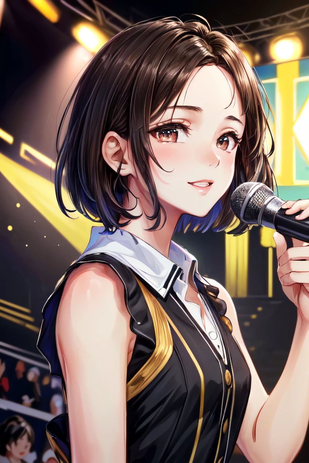 ((Best of the highest quality, 8k, Masterpiece, raw photo: 1.3)), (Great artist style, Alphonse Mucha, Gustav Klimt: 0.92), Sharp focus, (1girl: 1.1), face focus, cute face, portrait, (k-pop idol, on the stage, microphone: 1.16), alternative costume, (brunette short bob hair, forehead: 1.1), small smile