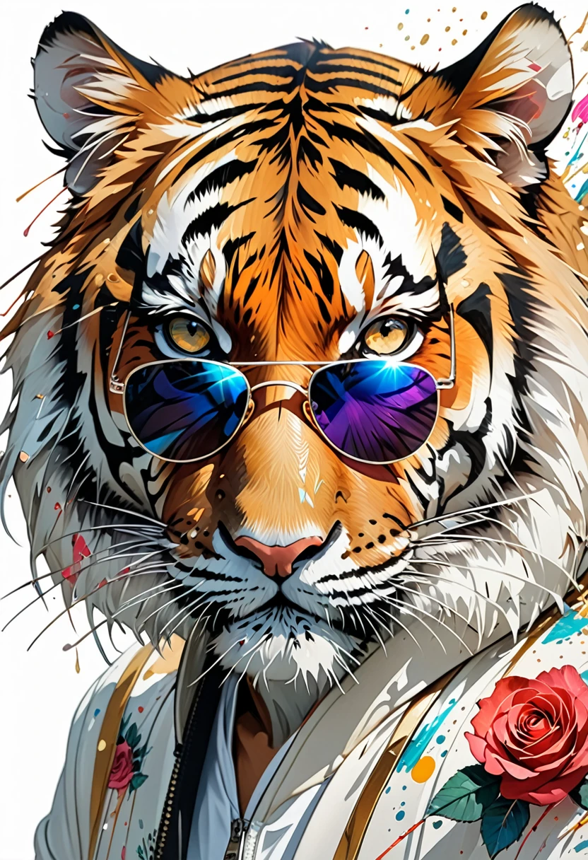Perfekte Ausrichtung, Niedlicher kleiner Tiger mit Jacke,Kristallvasen,Rose, Eine Sonnenbrille tragen, Luck, Stehende Position, abstract beauty, zentriert, Blick in die Kamera, Blick in die Kamera, nahezu perfekt, dynamisch, sehr detailliert, glatt, scharfer Fokus, 8K, High definition resolution, Illustration, Kunst von Carne Griffiths und Wadim Kashin, White background