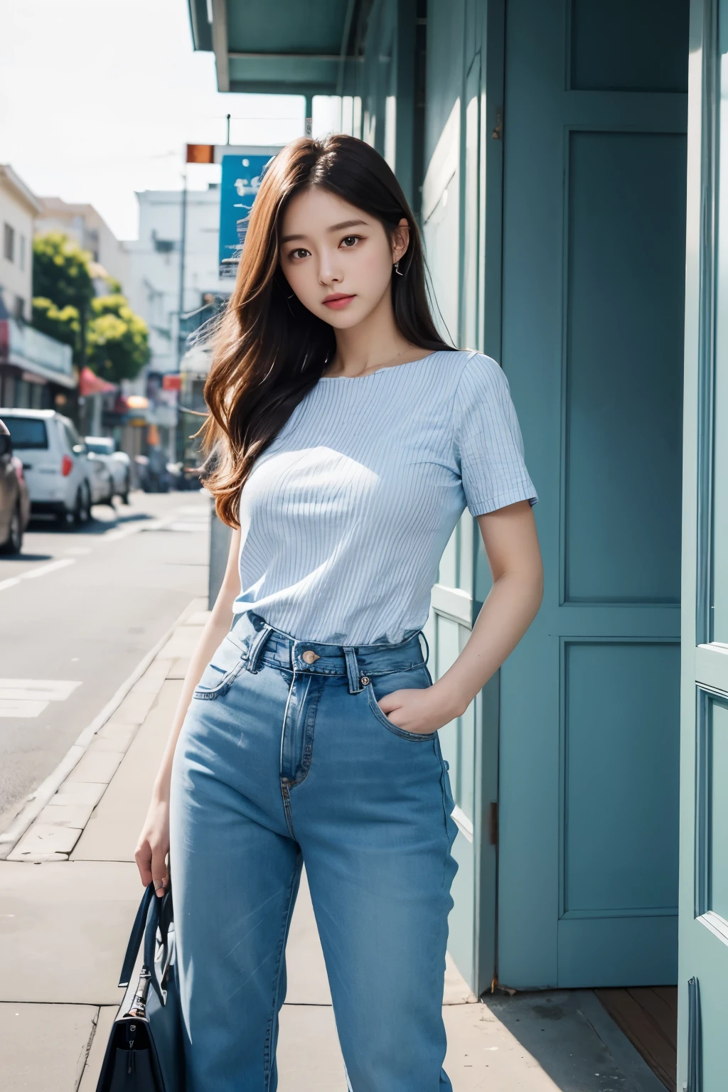 A woman is standing outside the store window with her hands on her hips., wearing a light blue striped shirt, jean, ( ( ( jeanpants를 입고 ) ) ), Pale blue outfit, pants, trendy clothes, wearing elegant casual clothes, Pale blue, Wearing a linen shirt, jean pants, jeans pants, pastel, detailed image, 셔츠와 jeanpants를 입고, pastel blue