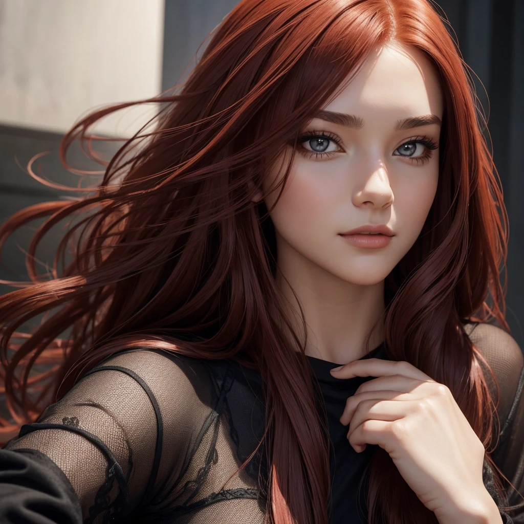 close-up of a woman with long red hair and a black shirt, невероятно beautiful лицо, gorgeous attractive face, beautiful delicate facial features, perfect face ), photo of a beautiful woman, привлекательное beautiful лицо, attractive female face!!!, beautiful and realistic faces, detailed perfect face, gorgeous face portrait, attractive face and body, beautiful, well-rounded face,, natural soft pale skin