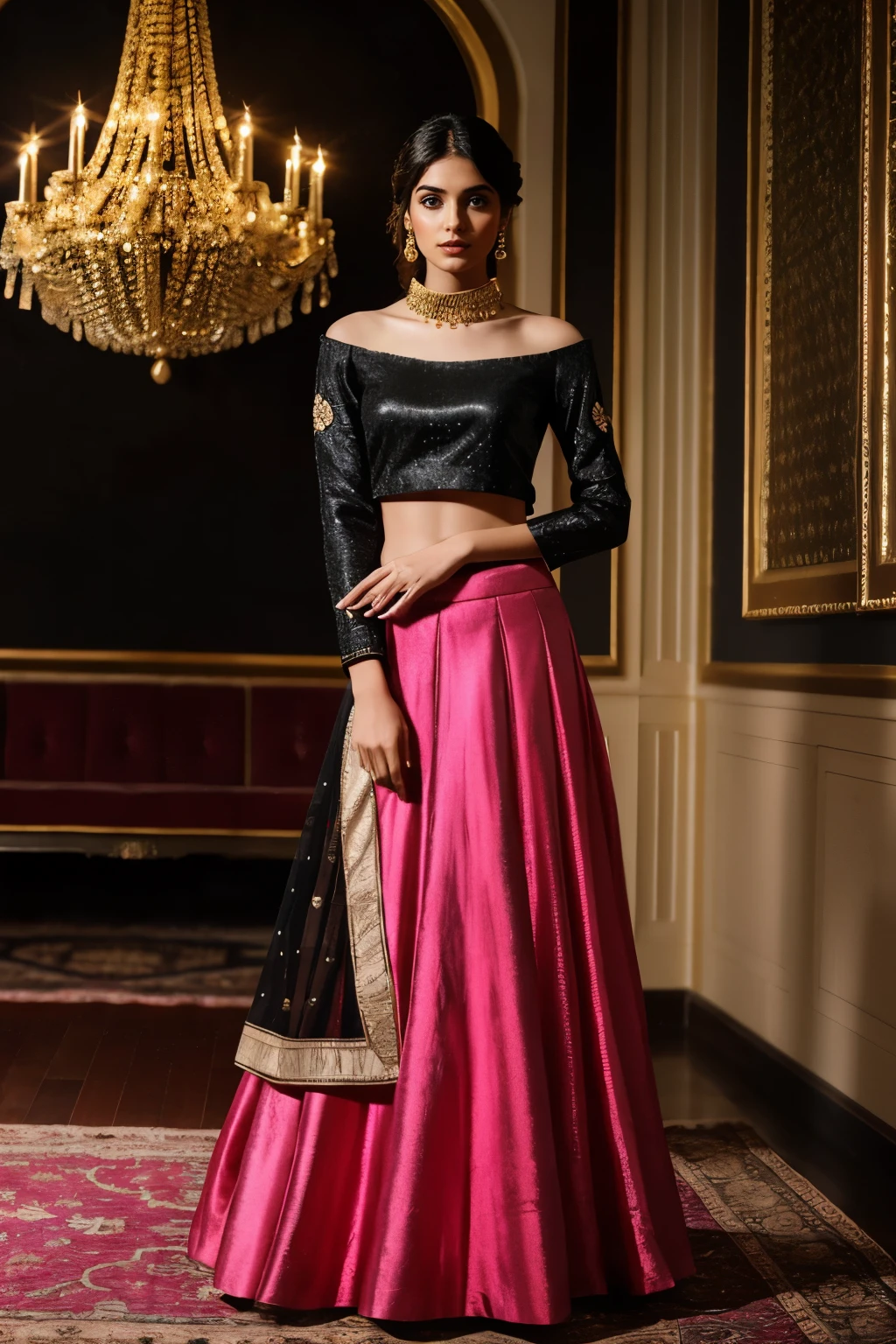 In this photograph, an Indian Instagram female model in her mid-20s takes center stage. (highly detailed face:1.4) (smile:0.7) (background 5-star hotel, moody, private study:1.0V, by Lee Jeffries, Nikon D850, film stock photograph, 4 Kodak Portra 400, camera f1.6 lens, rich colors, hyper-realistic, lifelike texture, dramatic lighting, Cinestill 800, realistic). She is wearing a stunning black and pink lehenga choli that exudes vibrant elegance. The lehenga (skirt) is richly embellished with intricate gold embroidery and beadwork, creating a dazzling pattern that catches the light beautifully. The choli (blouse) has a sweetheart neckline and short, puff sleeves, mirroring the lehenga’s elaborate design with matching embroidery in black and pink hues.
The choli features a tie-up detail on the back, adding a delicate touch to the traditional ensemble. The lehenga is of floor-length, flowing gracefully with a slight flare, and includes an attached lining for added comfort and volume. The ensemble is completed with a matching dupatta (scarf) draped elegantly over one shoulder, also adorned with intricate embroidery and a delicate border in black and pink.
Completing the aesthetic, the model wears a slave collar with a chain around her neck, adding an edgy contrast to the traditional outfit. The photograph is meticulously captured in 8K resolution using cutting-edge techniques such as Cinema 4D and Octane Render, resulting in a highly detailed and photorealistic image. Studio lighting, HDR, and a smoky mist create a captivating ambiance, while the bokeh effect adds an artistic touch.