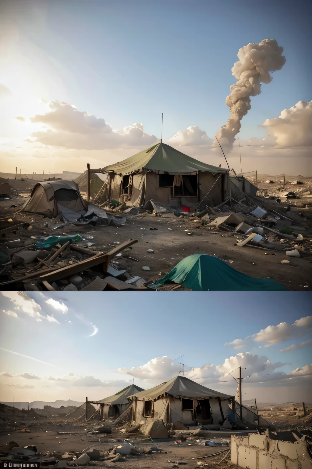 -apocalyptic war ,ruins and destroyed buildings and burnet tents In the midst of desolation, Nature endures a palestinian man crying flag burnet tents