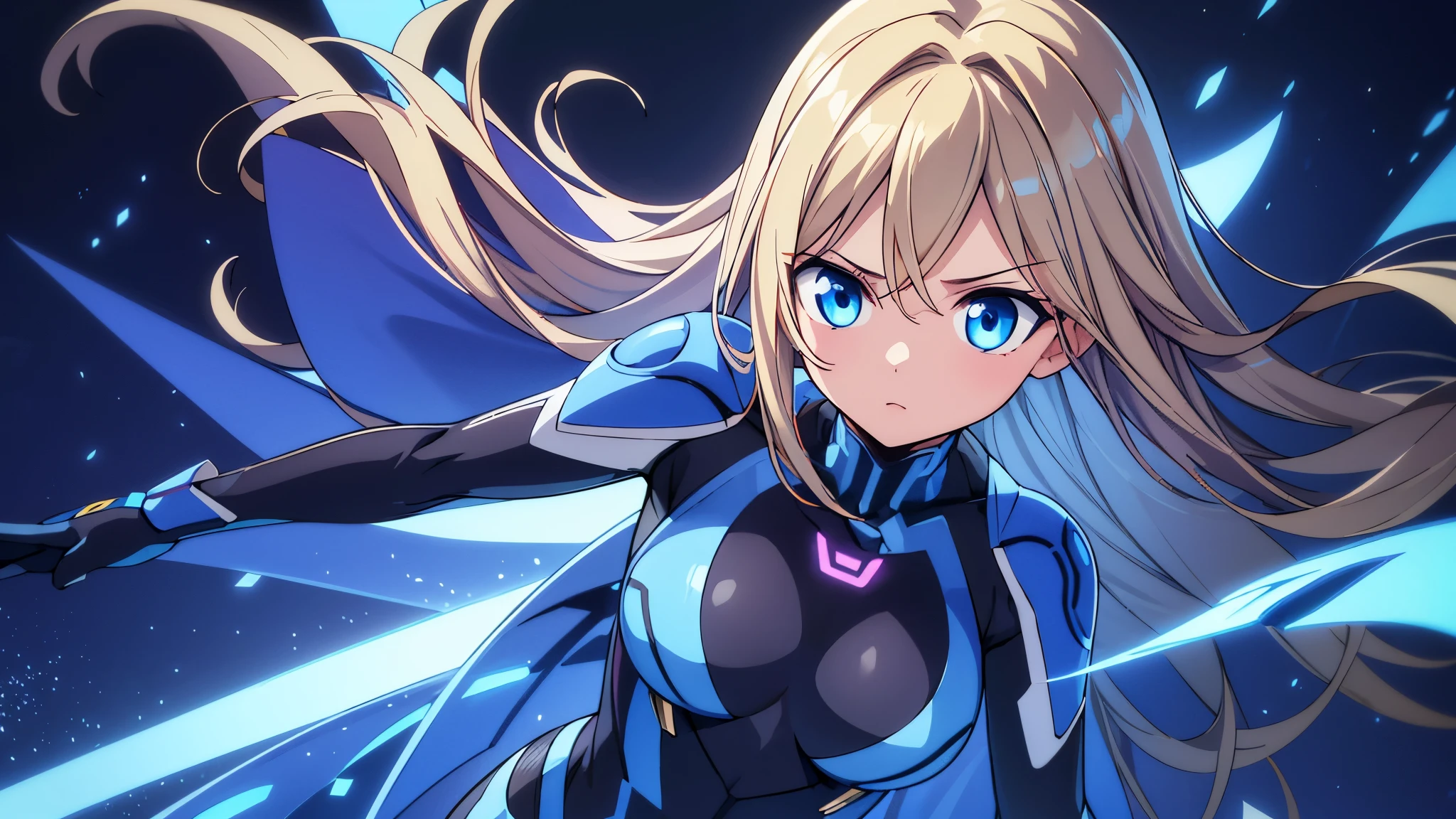 A beautiful young girl with striking blue eyes and long, flowing blonde hair, wearing a sleek, futuristic-looking mecha-style leotard or pilot suit, (best quality,8k,high-res,masterpiece:1.2),ultra-detailed,(realistic,photorealistic,photo-realistic:1.37),detailed facial features,intricate mecha suit design,dramatic lighting,cinematic composition,vibrant colors,dynamic pose