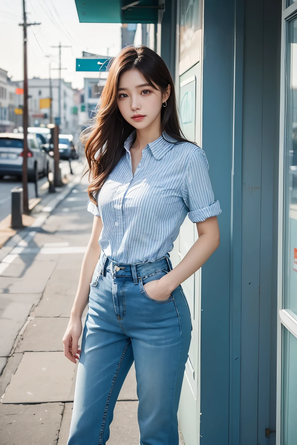 A woman is standing outside the store window with her hands on her hips., wearing a light blue striped shirt, jean, ( ( ( jeanpants를 입고 ) ) ), Pale blue outfit, pants, trendy clothes, wearing elegant casual clothes, Pale blue, Wearing a linen shirt, jean pants, jeans pants, pastel, detailed image, 셔츠와 jeanpants를 입고, pastel blue