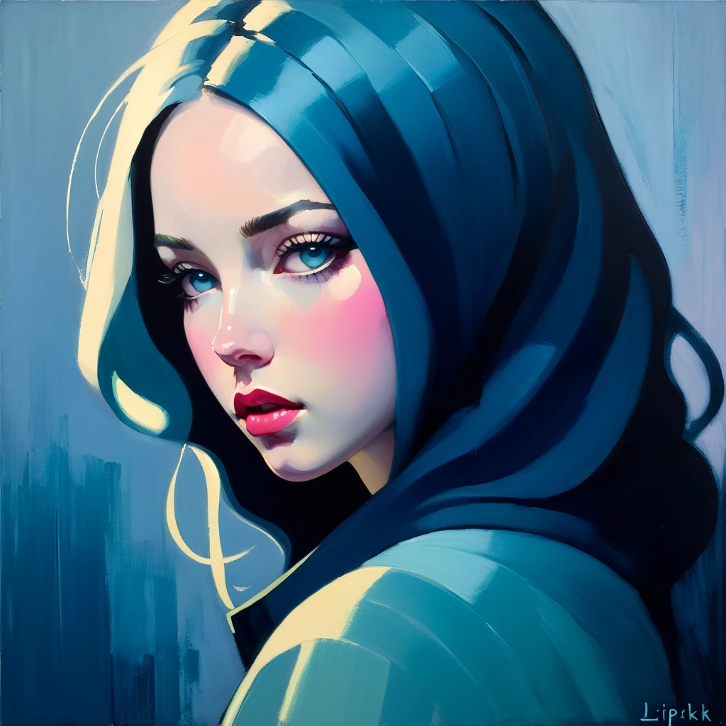 Create an evocative oil painting inspired by Malcolm Liepke, based on the provided image. Capture the intense, introspective expression of the young subject using thick, expressive brushstrokes using a palette of light pink, muted blue, dark grayish blue, bright blue, very dark gray, and light grayish blue. Highlight the emotional depth and vulnerability in the subject's gaze, emphasizing the play of light and shadow on their face. Maintain a simple, textured background that complements the subject's contemplative presence. Focus on the tactile quality of the oil paint to convey the raw emotion and intimacy characteristic of Liepke's style. After applying thick paint, use a dry brush to drag over the surface lightly. This technique can create interesting textures by revealing the underlayers.