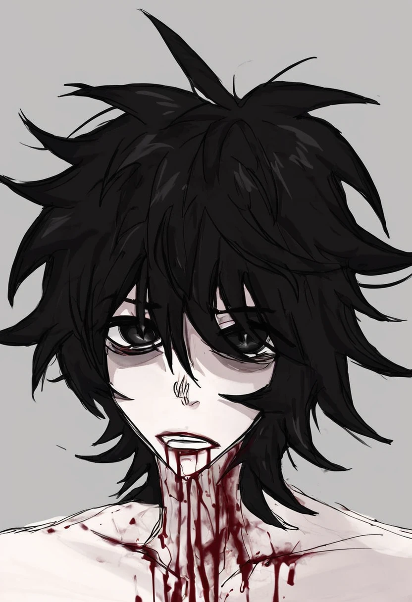 1boy, black hair, messy hair, black pupils, blood, sketchy lines, grunge
