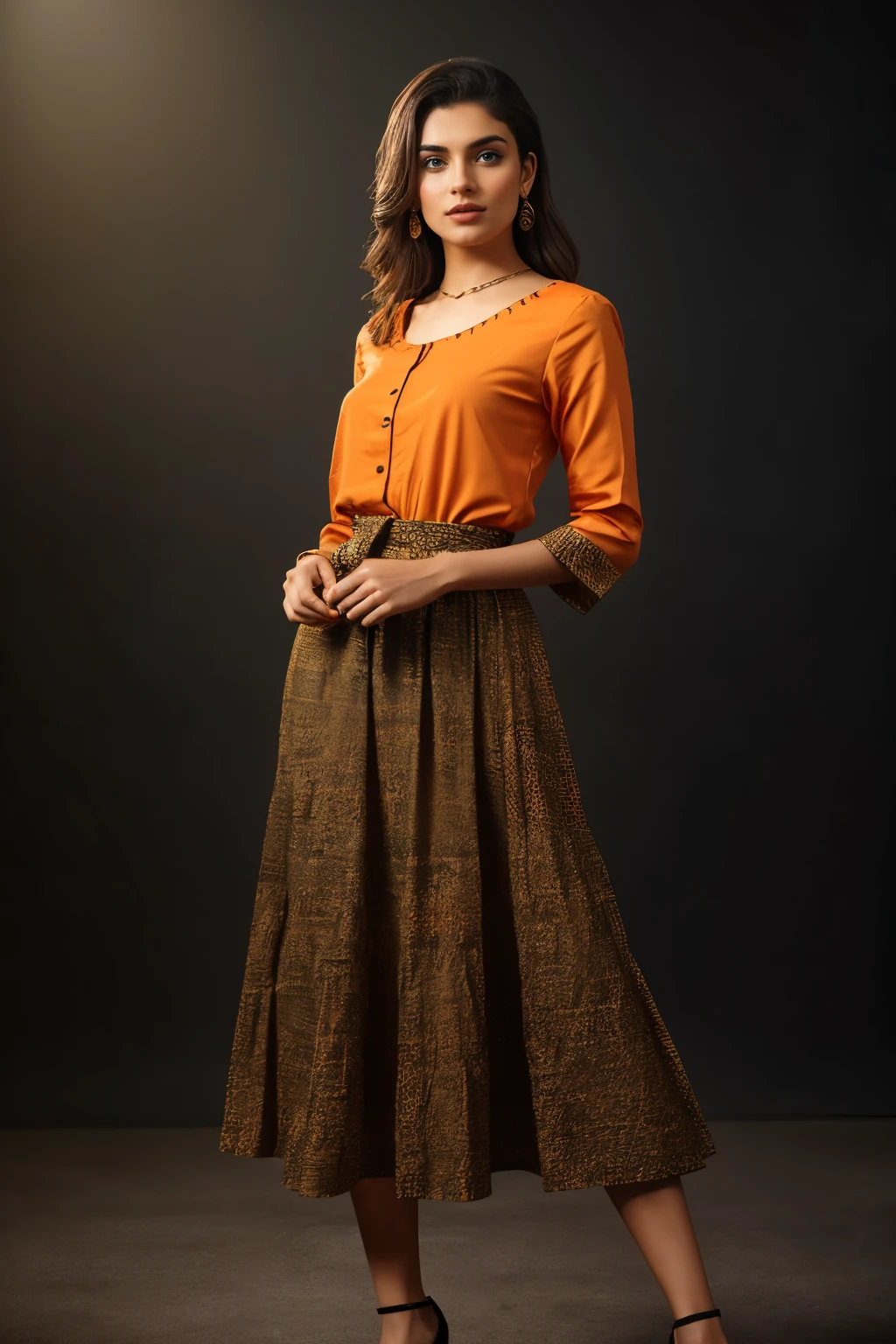 In this photograph, an Indian Instagram female model in her mid-20s takes center stage. (highly detailed face:1.4) (smile:0.7) (background 5-star hotel, moody, private study:1.0V, by Lee Jeffries, Nikon D850, film stock photograph, 4 Kodak Portra 400, camera f1.6 lens, rich colors, hyper-realistic, lifelike texture, dramatic lighting, Cinestill 800, realistic). She is wearing a stylish kurti with a skirt that perfectly blends traditional and modern aesthetics. The kurti is a rich shade of orange with intricate black embroidery along the neckline and cuffs. It features a sweetheart neck and short, puff sleeves, adding a touch of vintage charm. The fit-and-flare design of the kurti, along with the tie-up detail on the back, creates a flattering silhouette.

The skirt, in a matching orange and black combination, flows elegantly to the floor with a subtle flare and is made from lightweight chiffon fabric, providing graceful movement. The skirt's design includes a flounce hem and an attached lining for added comfort and volume.

Completing the aesthetic, the model wears a delicate slave collar with a chain around her neck, adding an edgy contrast to the traditional outfit. The photograph is meticulously captured in 8K resolution using cutting-edge techniques such as Cinema 4D and Octane Render, resulting in a highly detailed and photorealistic image. Studio lighting, HDR, and a smoky mist create a captivating ambiance, while the bokeh effect adds an artistic touch.