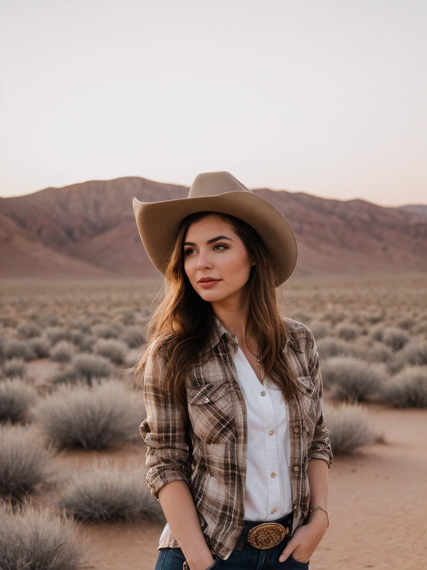 portrait of a stylish woman in the desert at sunrise, wearing a (plaid-shirt:1.1), cowboy hat, (8k, RAW photo, best quality, shallow depth of field, bokeh:1.2), (masterpiece, ultra-detailed:1.3)