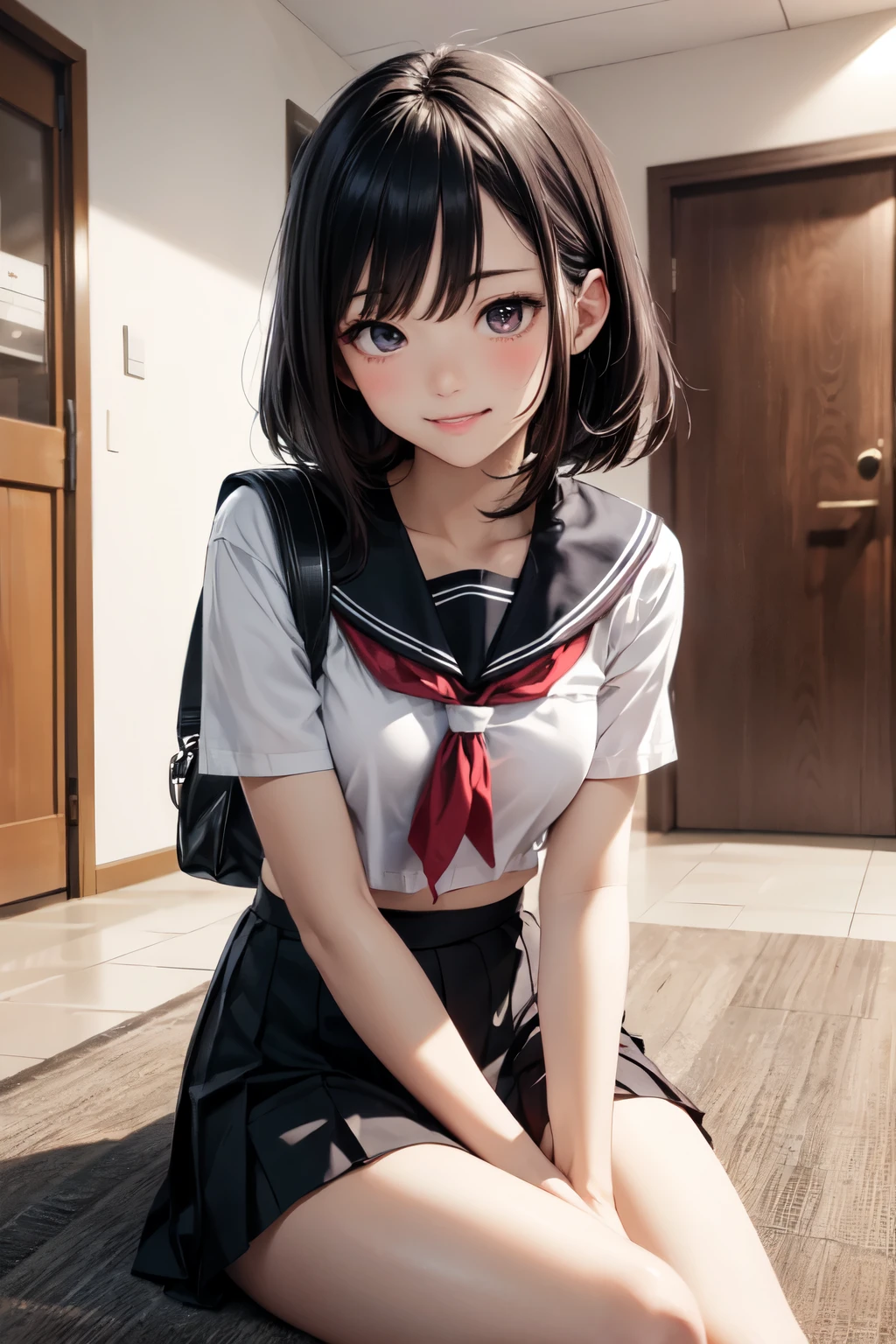 very cute and beautiful girl,(highly detailed beautiful face and eyes),
(smile:1.2),blush,shy,looking at viewer,serafuku,pleated navy blue mini skirt,
black hair,sitting on sofa near elevator hall of small hostel,bag on floor,
(best quality,masterpiece),absurdres,highres,ultra-detailed,extremely detailed,32k,8k resolution,
intricate details,cinematic scene,detailed background,solo,dynamic angle,