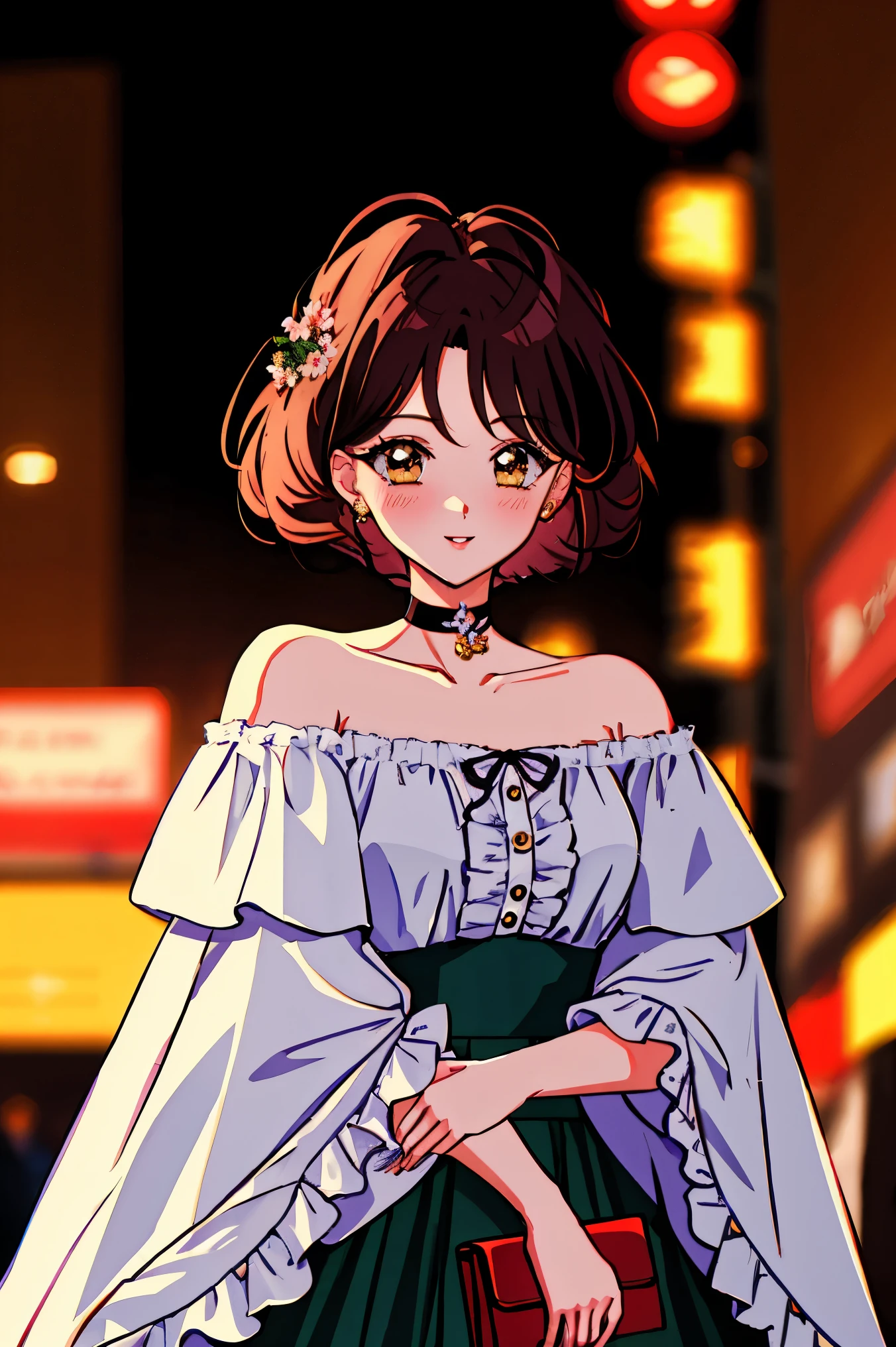 (Best Quality, Masterpiece:1.1),1990s \(style\), retro artstyle, 1 Girl, Intricate Details, Off-the-Shoulder, Skirt, Choker, Ruffled, Transparent, Looking at the Crowd, Blushing, Upper Body, Blurred Background, Floral, Contrasting