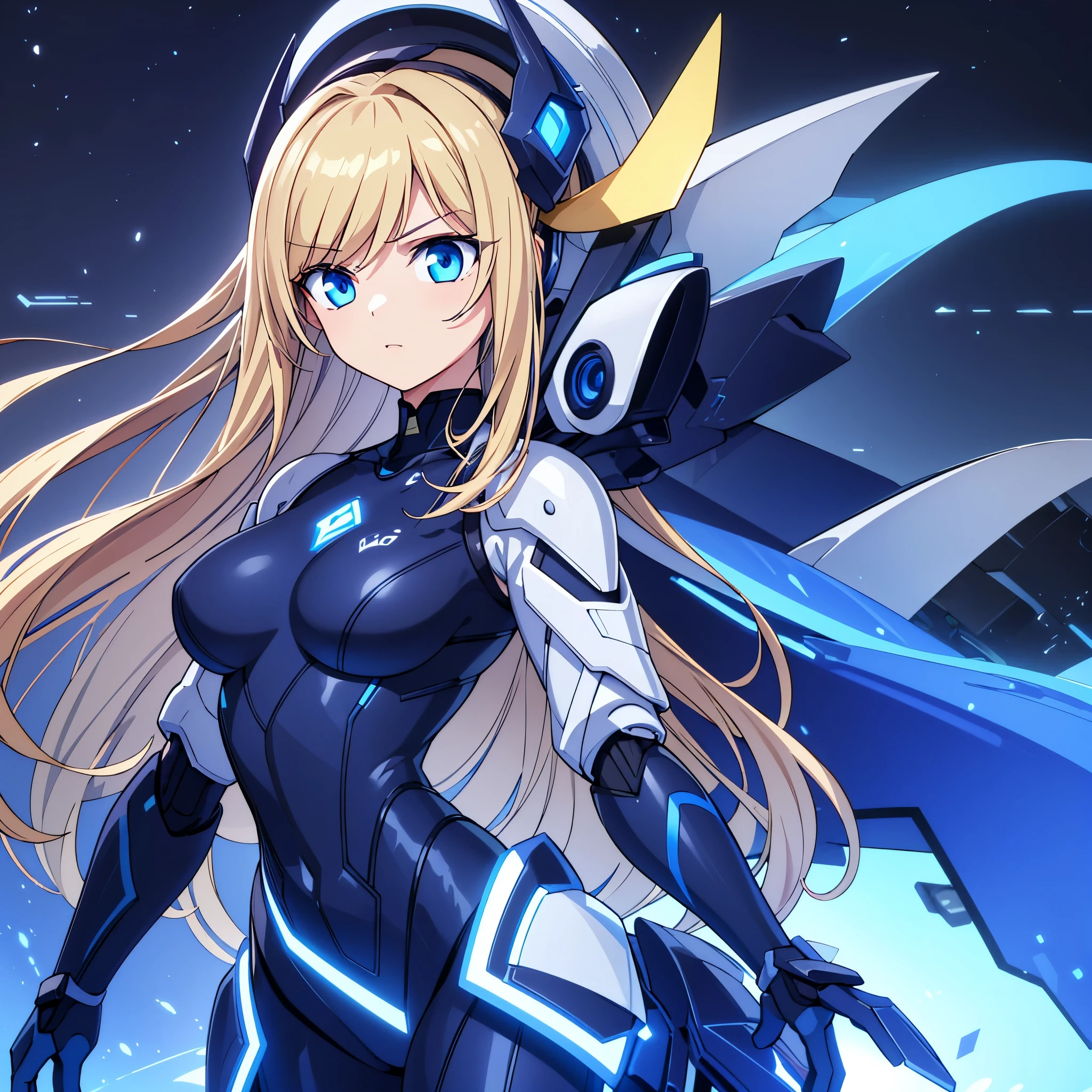 A beautiful young girl with striking blue eyes and long, flowing blonde hair, wearing a sleek, futuristic-looking mecha-style leotard or pilot suit, (best quality,8k,high-res,masterpiece:1.2),ultra-detailed,(realistic,photorealistic,photo-realistic:1.37),detailed facial features,intricate mecha suit design,dramatic lighting,cinematic composition,vibrant colors,dynamic pose