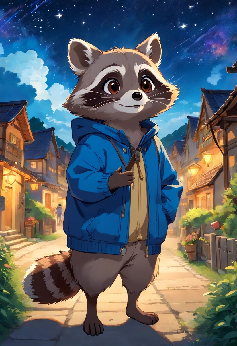 A small raccoon wearing a blue jacket, in a village celebrating a commemorative date, a starry sky, contrasting clouds, bright colors