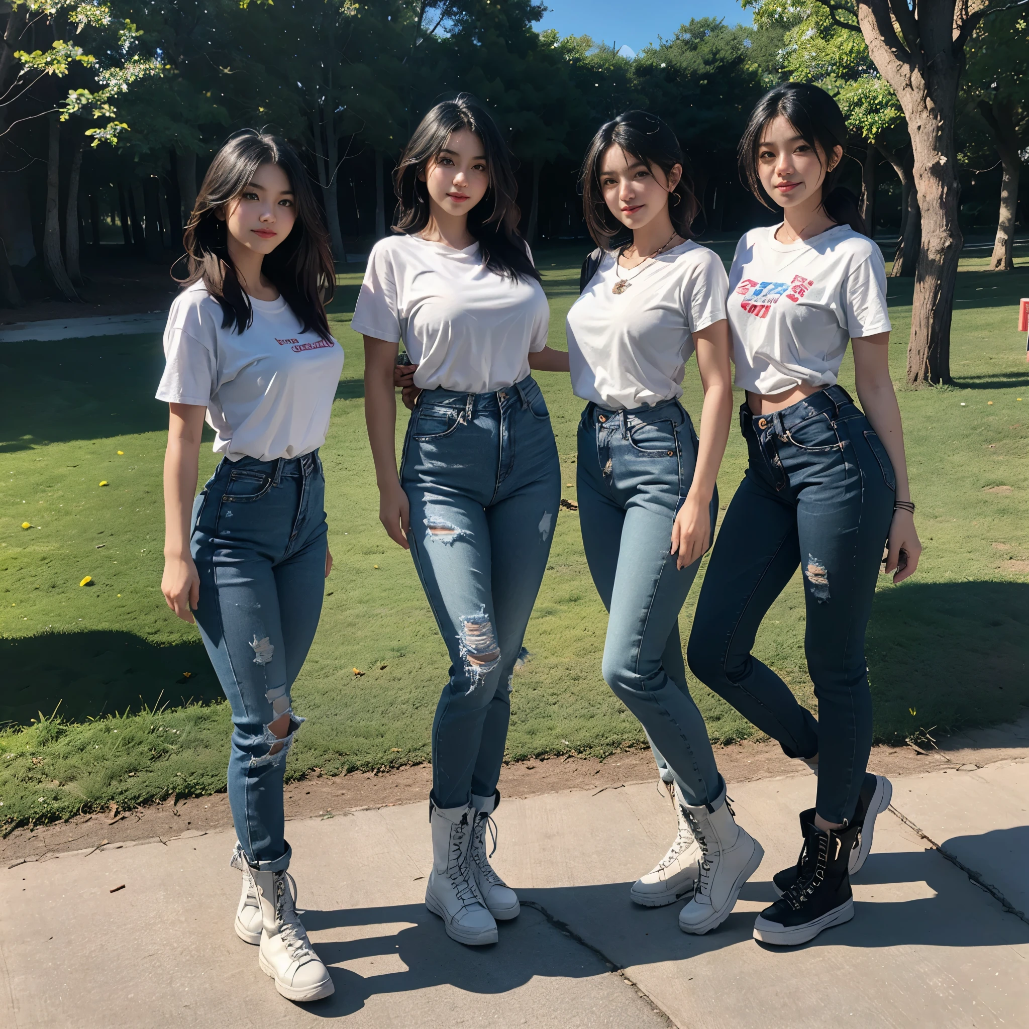 A photo of four people standing apart. Their arms are close to their bodies. Each area has only one person. girls far away, White short-sleeved T-shirt, Toe of the boot, Top with exposed arms, two feet apart. Matching white boot, people standing far apart, long jeans plain jeans or non-distressed jeans, white sneakers, The shirt covers the back the pants, white t-shirt,, shirt large, The back of the hand is positioned vertically, asian girl white skin, she wear Clad in long jeans and a white t-shirt , a pair of white leather boots, highly detailed boots, military combat boots, lace-up boots, rugged boots, worn boots, scuffed boots, boots with metal buckles, boots with thick soles, boots with treads, boots in the mud, boots on a dusty road, boots in a forest, boots in an urban setting, boots on a snowy landscape, (best quality,4k,8k,highres,masterpiece:1.2),ultra-detailed,(realistic,photorealistic,photo-realistic:1.37),HDR,UHD,ultra-fine painting,sharp focus,physically-based rendering,extreme detail description,professional, (, Gigantic well-rounded large breasts breasts :1.2) , full body,， long jeans, big boob，Expose cleavage chest, night, Whole body, Long legs,, pretty girl with perfect figure , blue jeans, high jeans, her stunning physique is accentuated, drawing the viewer's attention to her natural beauty and allure, , They are angry with each other, pectoral muscle big clavicular head big, The girls are apart from each other. big Pectoralis Major Muscle, Short-sleeved shirt, Photo of four people apart, Three people separated, White short-sleeved T-shirt. Matching white boot, people standing far apart, long jeans plain jeans or non-distressed jeans, white sneakers, The shirt covers the back the pants, white t-shirt,, shirt large, hands clasped tightly reveal only the palm, without jewelry, scoop-neck shirt , scoop neck shirt , necklace exposed , chain visible, natural yellow light, The girls pose individually for solo shots on the live show
