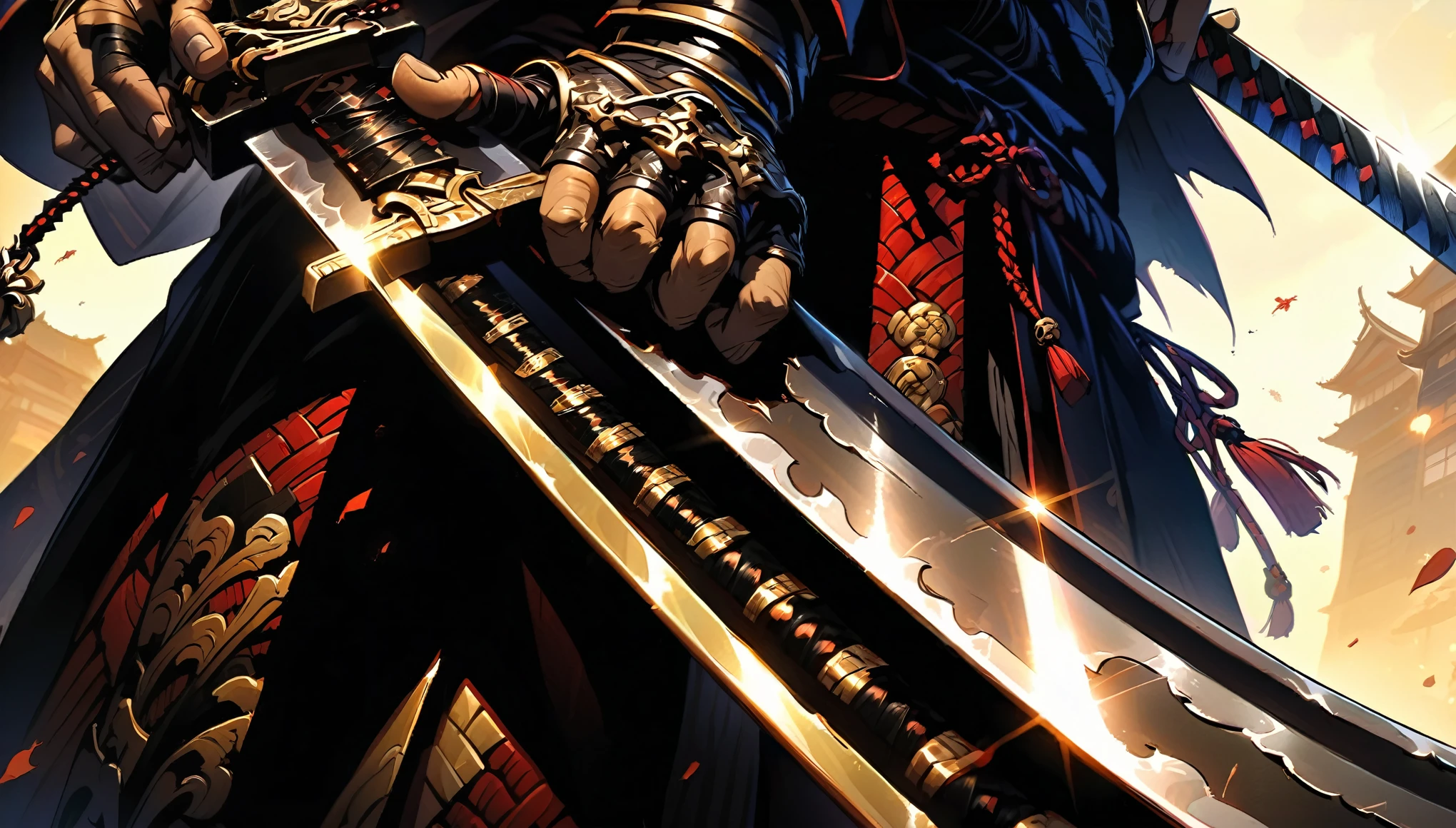 Close-up of a sword held by a samurai, face out of focus, detailed sword with edge and ornament, sword held in one hand, image taken from below reflecting the light of the metal sword
