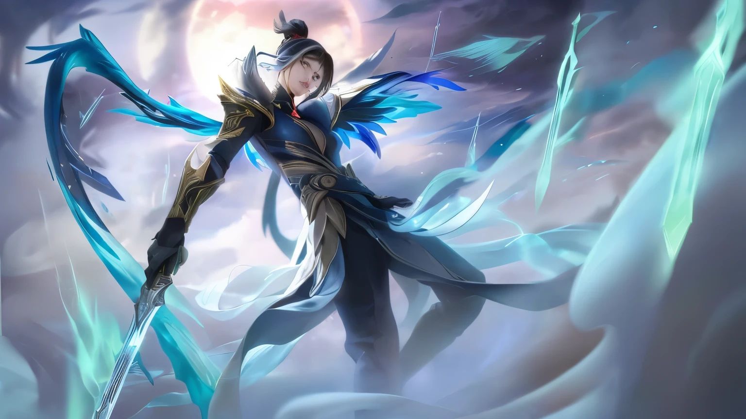 arafed image of a woman with wings and a sword, inspired by Huang Shen, heise jinyao, inspired by Shen Zhou, official splash art, yang qi, irelia, by Yang J, inspired by Li Kan, inspired by Shen Quan, inspired by Fan Kuan, inspired by Qu Leilei, zhao yun, full body xianxia