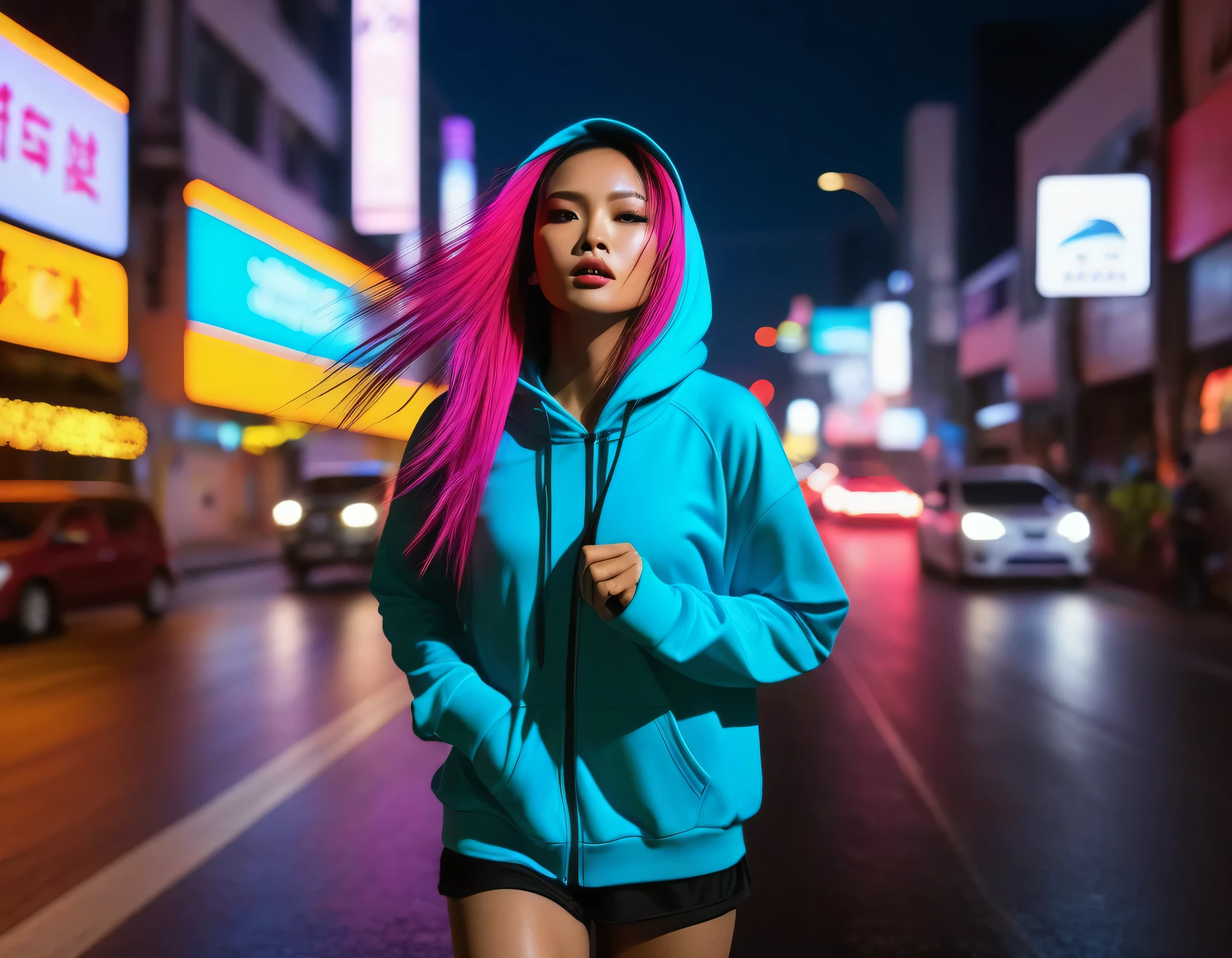 photography, vibrant street capturing a thai woman model in motion at night, wears over-fit hoodie with sports vividly colored hair, stands out against backdrop of blurred city lights, emphasize surreal, motion-blur effect that melds colorful streaks of passing vehicles with ambient urban lighting to create illusion of subject moving through time, incorporate elements enhancing urban feel like distant glow of street lamps and neon signs, reflecting on wet asphalt, composition conveys sense of speed and fluidity, UHD --ar 9:16