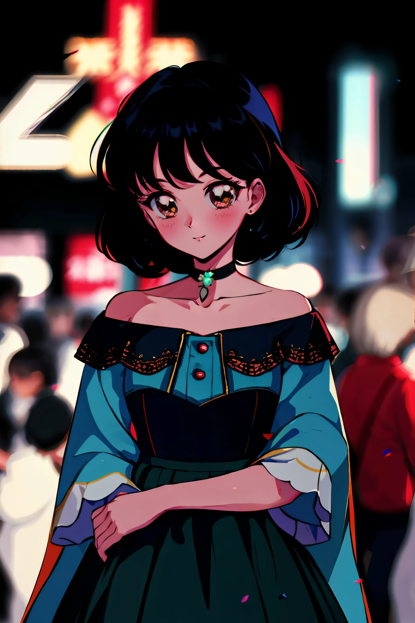 (Best Quality, Masterpiece:1.1),1990s \(style\), retro artstyle, 1 Girl, Intricate Details, Off-the-Shoulder, Skirt, Choker, Ruffled, Transparent, Looking at the Crowd, Blushing, Upper Body, Blurred Background, Floral, Contrasting