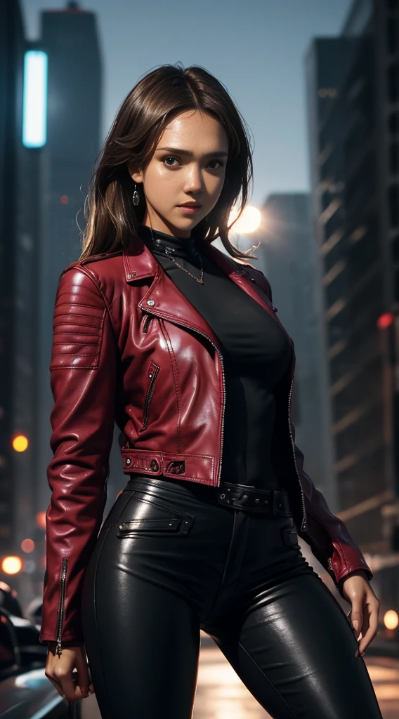 (A beautiful 19 years old Jessica Alba:1.4), (short wolfcut black hair:1.2), (detailed skin:1.2), (serious face), (wearing crimson leather jacket and black tight pants:1.4), (waist up shot:1.2), view from front, (dynamic action pose:1.2), (chiaroscuro lighting:0.8), (dark city at night:1.2), photo realism, intricate face detail, intricate hand details, highly detailed, vibrant colors, cinematic, 8k, trending on Artstation--style raw