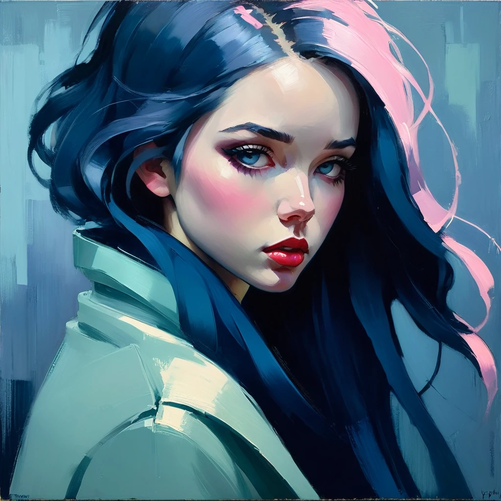 Create an evocative oil painting inspired by Malcolm Liepke, based on the provided image. Capture the intense, introspective expression of the young subject using thick, expressive brushstrokes using a palette of light pink, muted blue, dark grayish blue, bright blue, very dark gray, and light grayish blue. Highlight the emotional depth and vulnerability in the subject's gaze, emphasizing the play of light and shadow on their face. Maintain a simple, textured background that complements the subject's contemplative presence. Focus on the tactile quality of the oil paint to convey the raw emotion and intimacy characteristic of Liepke's style. After applying thick paint, use a dry brush to drag over the surface lightly. This technique can create interesting textures by revealing the underlayers.