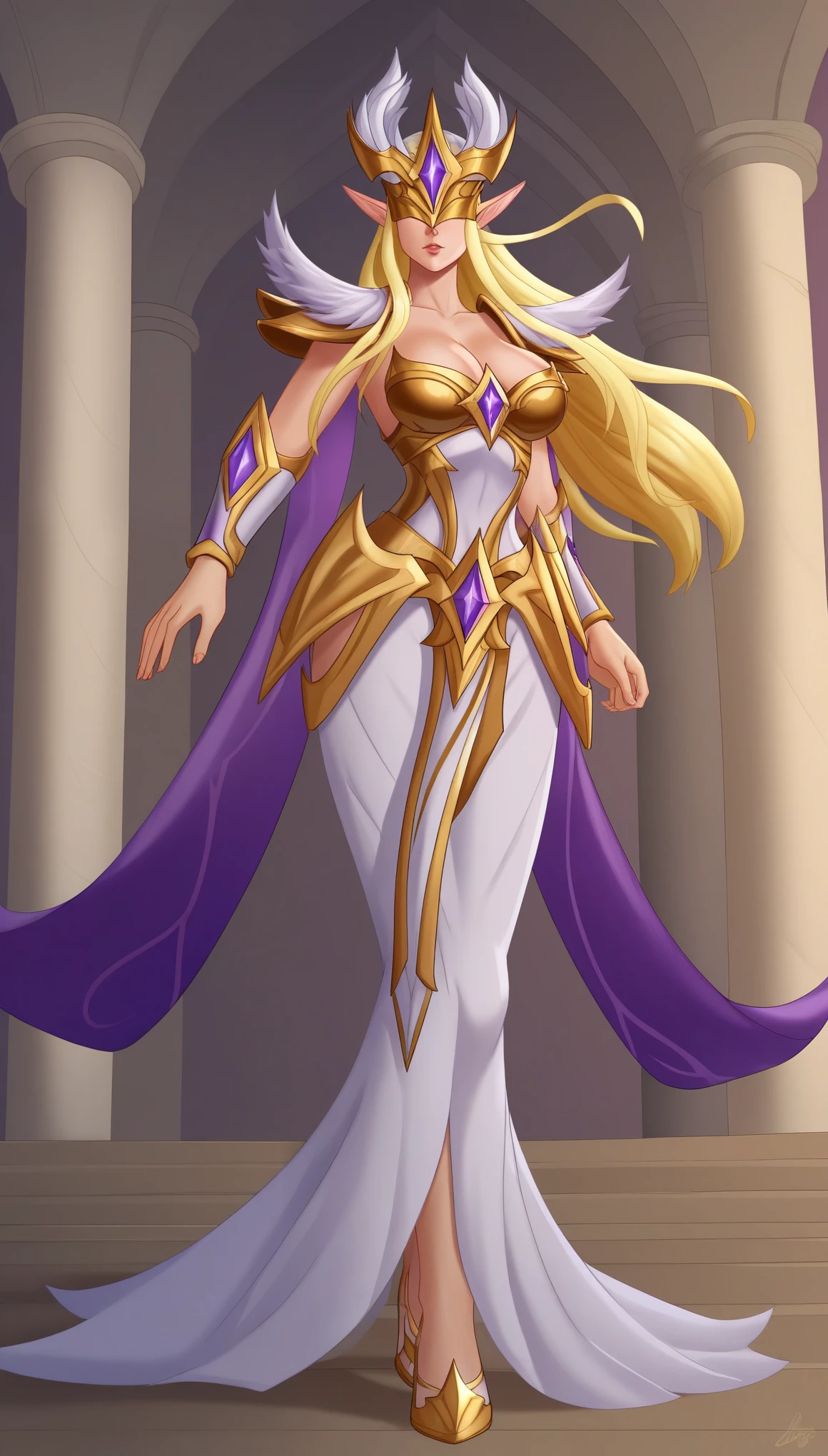  IlumiaAOVXL, blonde hair, sidelocks, long hair, pointy ears, covered eyes, helmet, helmet with purple jewel, large breasts, purple cape, golden armor, shoulder armor, cleavage, breastplate, white dress, armored dress, vambraces, hip vent, white skirt, long skirt, golden shoes, shoes with purple jewel, (solo), standing, looking at viewer, indoors