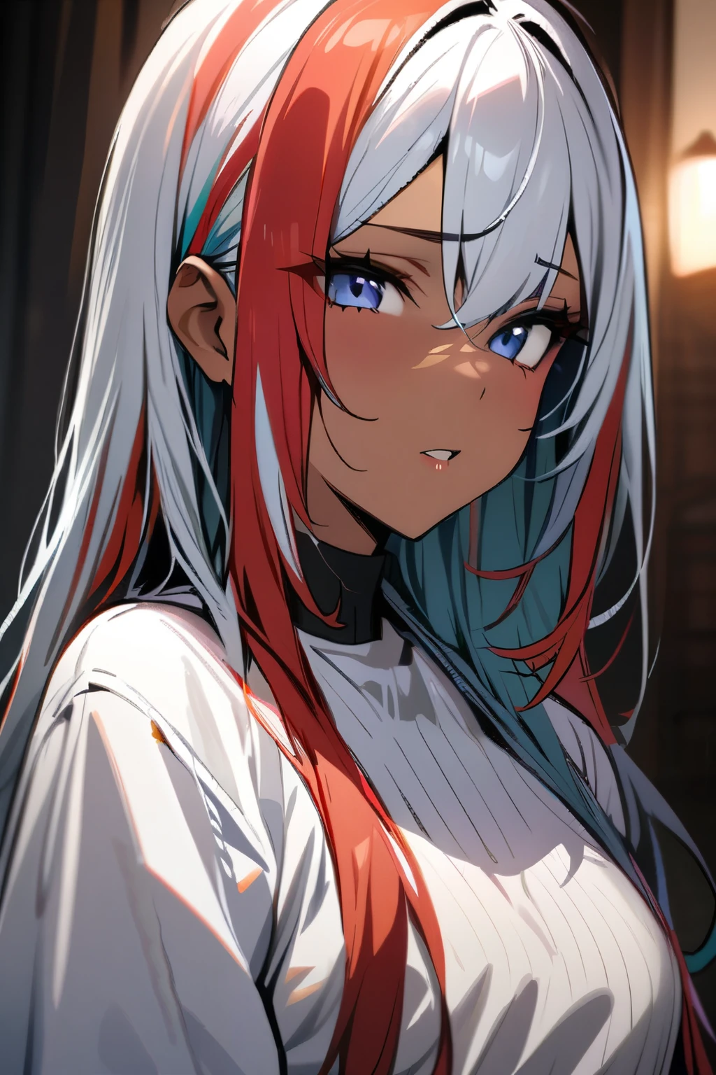Masterpiece, best quality, beautiful girl, beautiful face, multi-colored hair, dark skin,