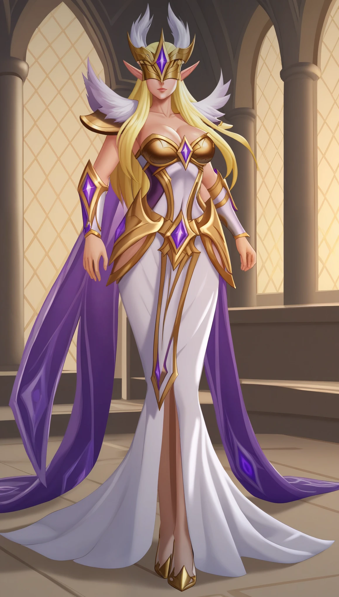  IlumiaAOVXL, blonde hair, sidelocks, long hair, pointy ears, covered eyes, helmet, helmet with purple jewel, large breasts, purple cape, golden armor, shoulder armor, cleavage, breastplate, white dress, armored dress, vambraces, hip vent, white skirt, long skirt, golden shoes, shoes with purple jewel, (solo), standing, looking at viewer, indoors