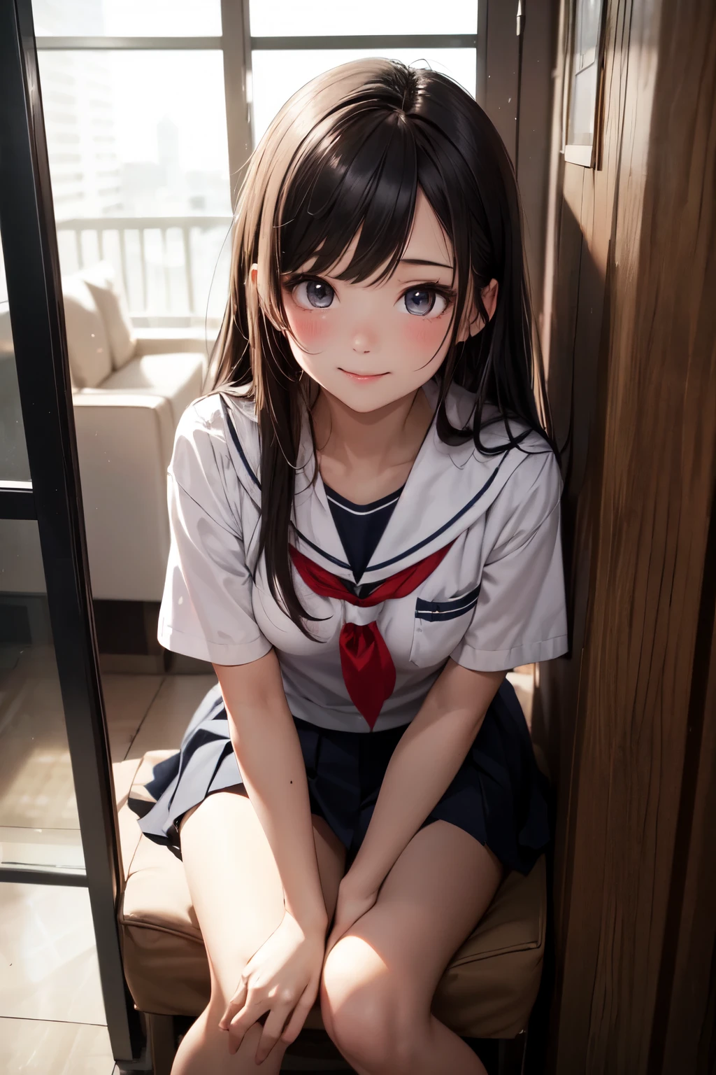 very cute and beautiful girl,(highly detailed beautiful face and eyes), (smile:1.2),blush,shy,looking at viewer,serafuku,pleated navy blue mini skirt, black hair,sitting on sofa near elevator hall of small hostel,bag on floor, (best quality,masterpiece),absurdres,highres,ultra-detailed,extremely detailed,32k,8k resolution, intricate details,cinematic scene,detailed background,solo,dynamic angle,
