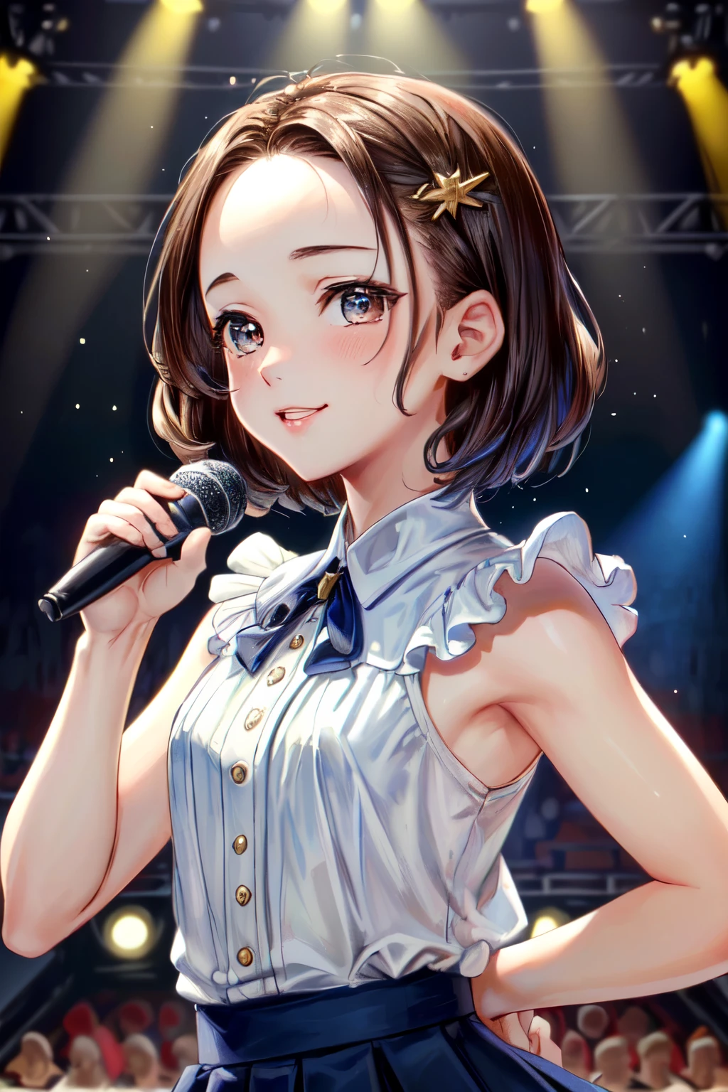 ((Best of the highest quality, 8k, Masterpiece, raw photo: 1.3)), (Great artist style, Alphonse Mucha, Gustav Klimt: 0.92), Sharp focus, (1girl: 1.1), face focus, cute face, finely eyes, portrait, (k-pop idol, on the stage, microphone: 1.16), stage costume, skirt, (brunette short bob hair, forehead: 1.1), small smile
