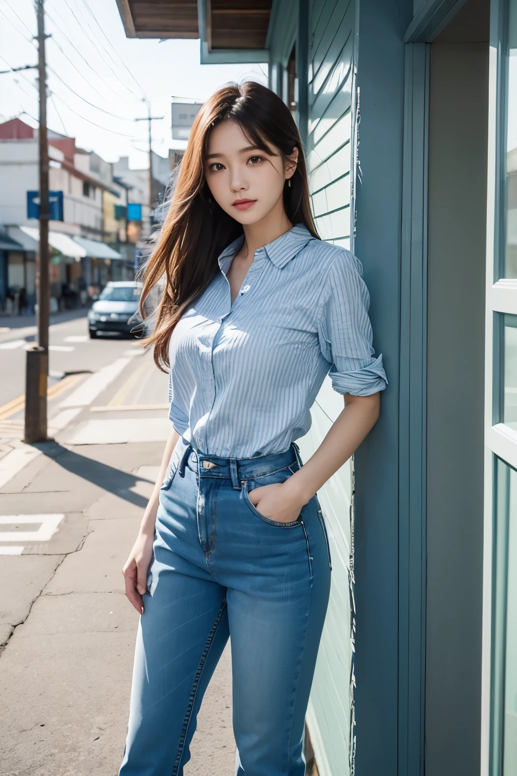 A woman is standing outside the store window with her hands on her hips., wearing a light blue striped shirt, jean, ( ( ( jeanpants를 입고 ) ) ), Pale blue outfit, pants, trendy clothes, wearing elegant casual clothes, Pale blue, Wearing a linen shirt, jean pants, jeans pants, pastel, detailed image, 셔츠와 jeanpants를 입고, pastel blue