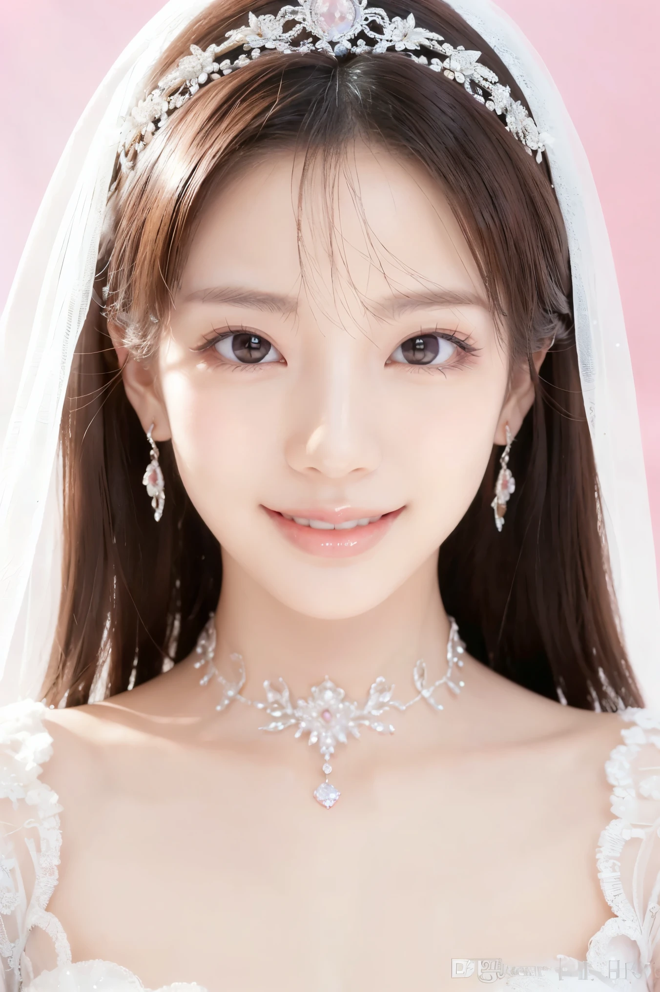 (highest quality、Tabletop、8k、Best image quality、Award-winning works)、One beautiful bride、(alone:1.1)、(The most extravagant and gorgeous huge pure white wedding dress:1.1)、(Perfect Wedding Lace:1.2)、(The most gorgeous and luxurious giant tiara:1.1)、(The most extravagant and luxurious giant necklace:1.1)、Look at me with your best smile、Finest jewelry decoration、Perfect Makeup、Long eyelashes、Ultra HD Shining Eyes、Ultra HD Hair、Ultra High Resolution Glossy Lips、Ultra High Resolution Perfect Teeth、Beautiful face in ultra-high definition、(Accurate anatomy:1.1)、Very bright and beautiful skin、very bright and vivid、Perfect beautiful bridal hairstyles、(Front facing body:1.1)、(Solid pink background:1.2)、Cleavage