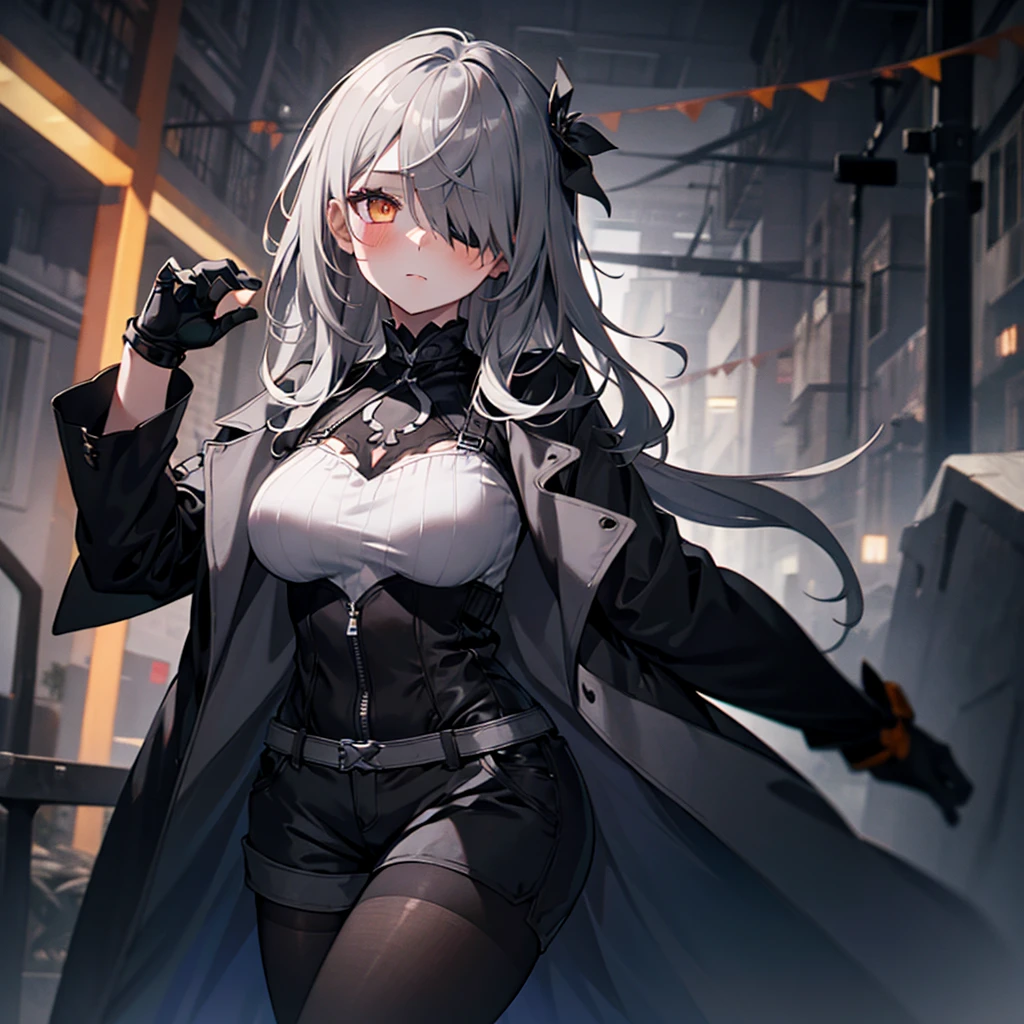 1girl, ashen_hair, long_hair, bangs, orange_eyes, two_side_up, hair_over_one_eye, blush, large_breasts, Black silver-trimmed trench coat, black_gauntlets, Silver_shorts, black_pantyhose, black_clothes