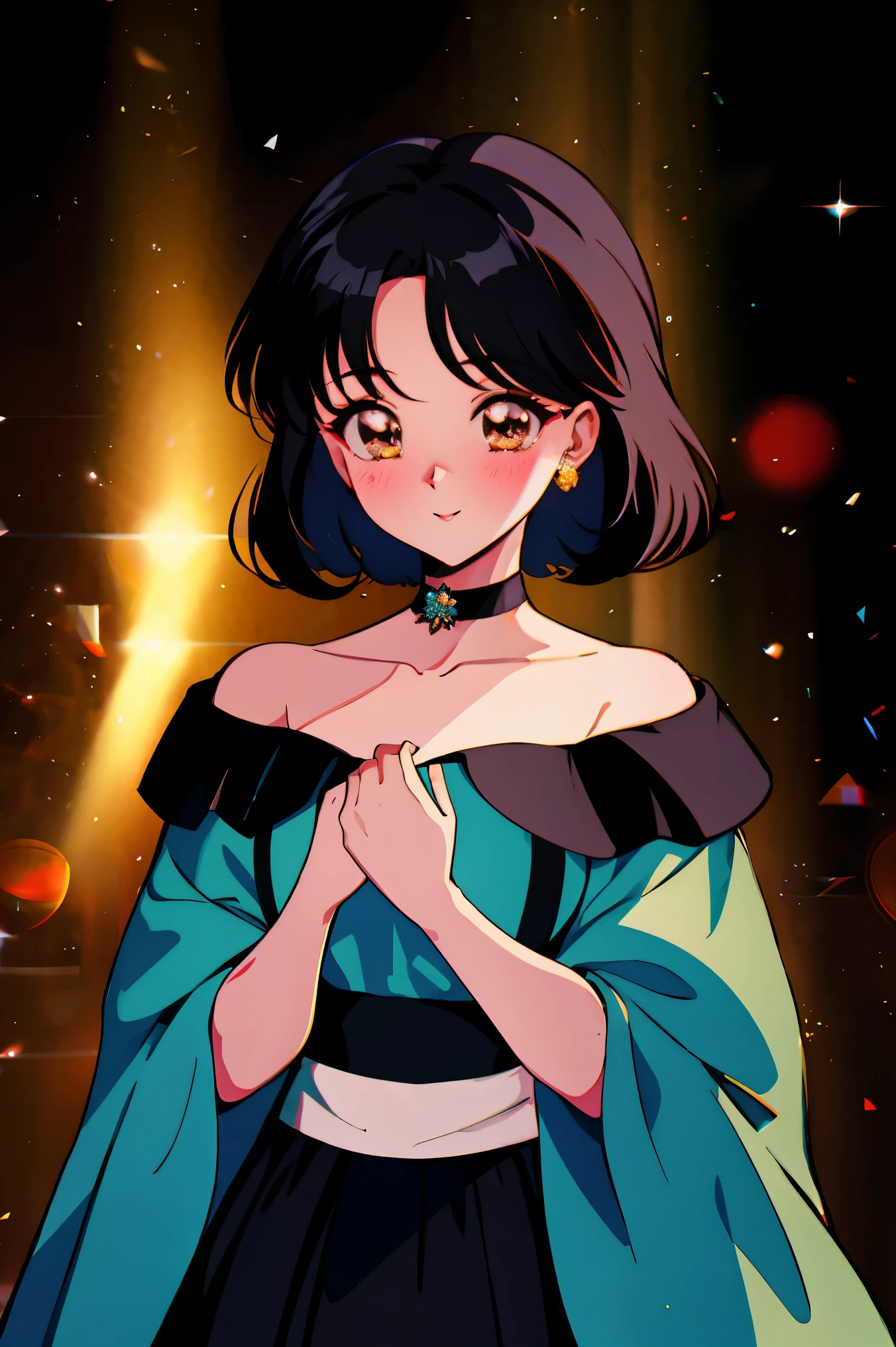 (Best Quality, Masterpiece:1.1),1990s \(style\), retro artstyle, 1 Girl, Intricate Details, Off-the-Shoulder, Skirt, Choker, Ruffled, Transparent, Looking at the Crowd, Blushing, Upper Body, Blurred Background, Floral, Contrasting
