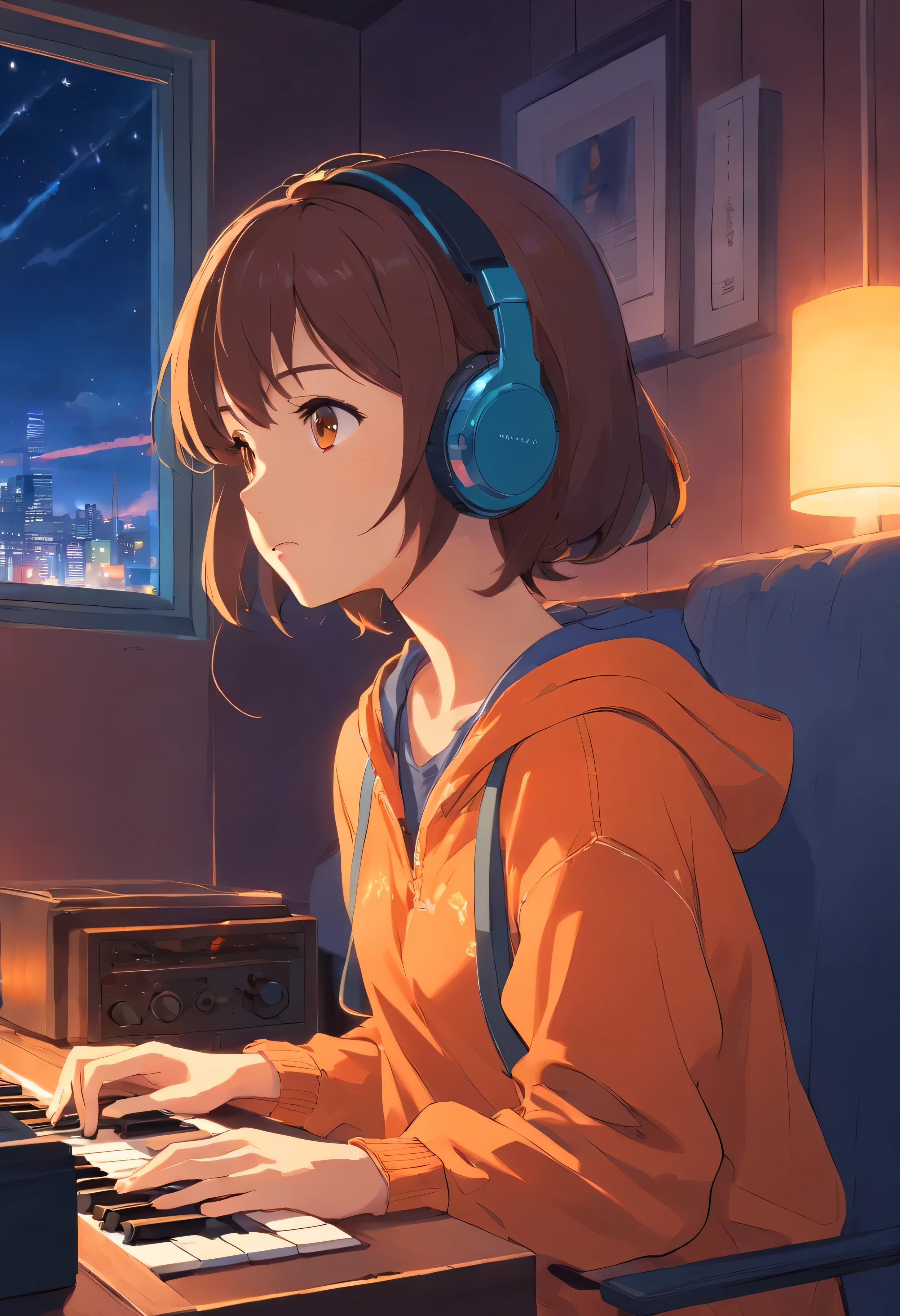 Fille, pull orange, listening to music in a cozy room at night, Utiliser des écouteurs, Style animé 2D, basse-fi, very detailed, HD