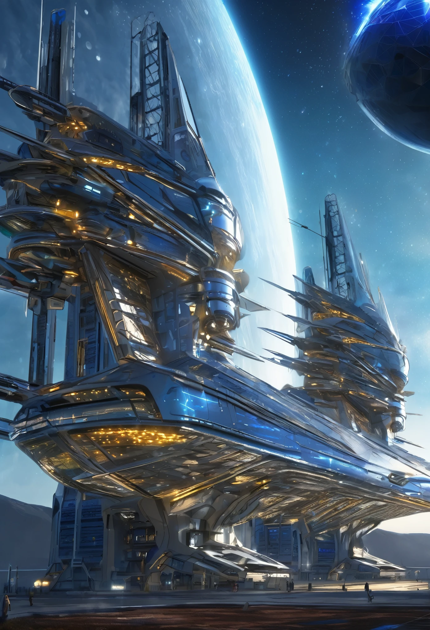 A Siriusian mothership flying over a space battlefield. The ship is imposing, with a complex metal structure and silver finish that reflects starlight. blue power panels, arranged in precise geometric patterns, emitem um brilho intenso, pulsando ritmicamente ao longo da nave. Detalhes intricados, como antenas, emissores de energia, and communication towers, adornam a nave, demonstrating advanced technology. Hangar doors and launch bays are visible, iluminadas por luzes azuis suaves