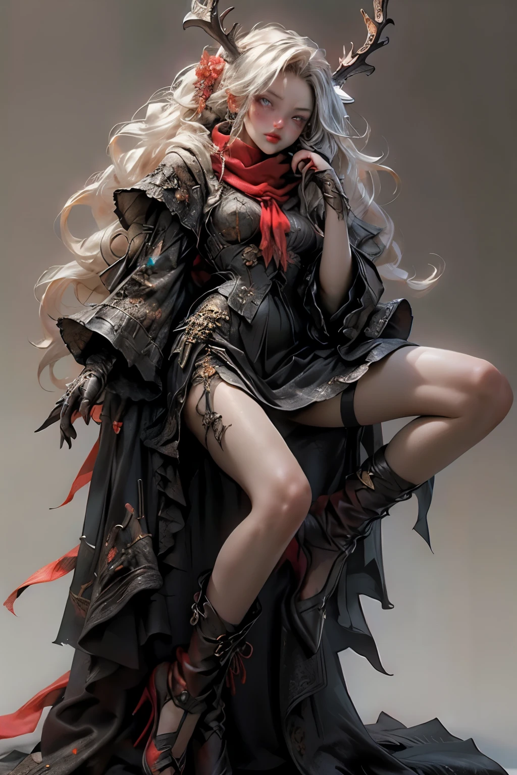 ((best quality)), ((masterpiece)), (detailed), perfect face, ((best quality)), ((masterpiece)), (detailed), perfect face(Golden ratio:1.2),(Fault color:1.3),[(White background:1.4)::10], (full bodyesbian:1.2),(Ultra-detailed:1.3), （white color background）white background, plain background, teens girl，White hair，Red glowing eyes, photorealestic,（（（Red and white trench coat））），（Red scarf)，a black pleated skirt，black t-shirts，longer sleeves，（（With a hood）），side-lighting, NSFW, Depicting female characters from ethereal anime in a high-quality anime art style，，，8K，Red and white shoes with a sense of technology，(chaotic geometric images:1.3),(nagative space:0.8), (ether colorful ink flowing:1.3), a knight, white background, plain background, Bloodborne inspired, tatty Bloodborne attire, occult aesthetic, occult, tatty red and white clothing detailed and intricate steampunk and detailed gothic lolita (with a hood), long coat, Complex laced boots, Fluttering lace flared long knee length dress with frilly petticoats, long dress, knee length dress, pleated petticoats, lolita dress, petticoats gothic lolita, beautiful small breasts, (((( Highly detailed face))), small thin nose, Small thin lips mouth, (((Very sharp focused eyes))), Very large slit precision pale grey eyes that shine like jewels. very long eyelashes, Silver hair swaying in the wind,  white background, Very dramatic and cinematic lighting, tatty damaged old red and white clothing, full body, whole body, body, cosmic horror, grim dark, full body, whole body, green pale blue skin, impressive antlers