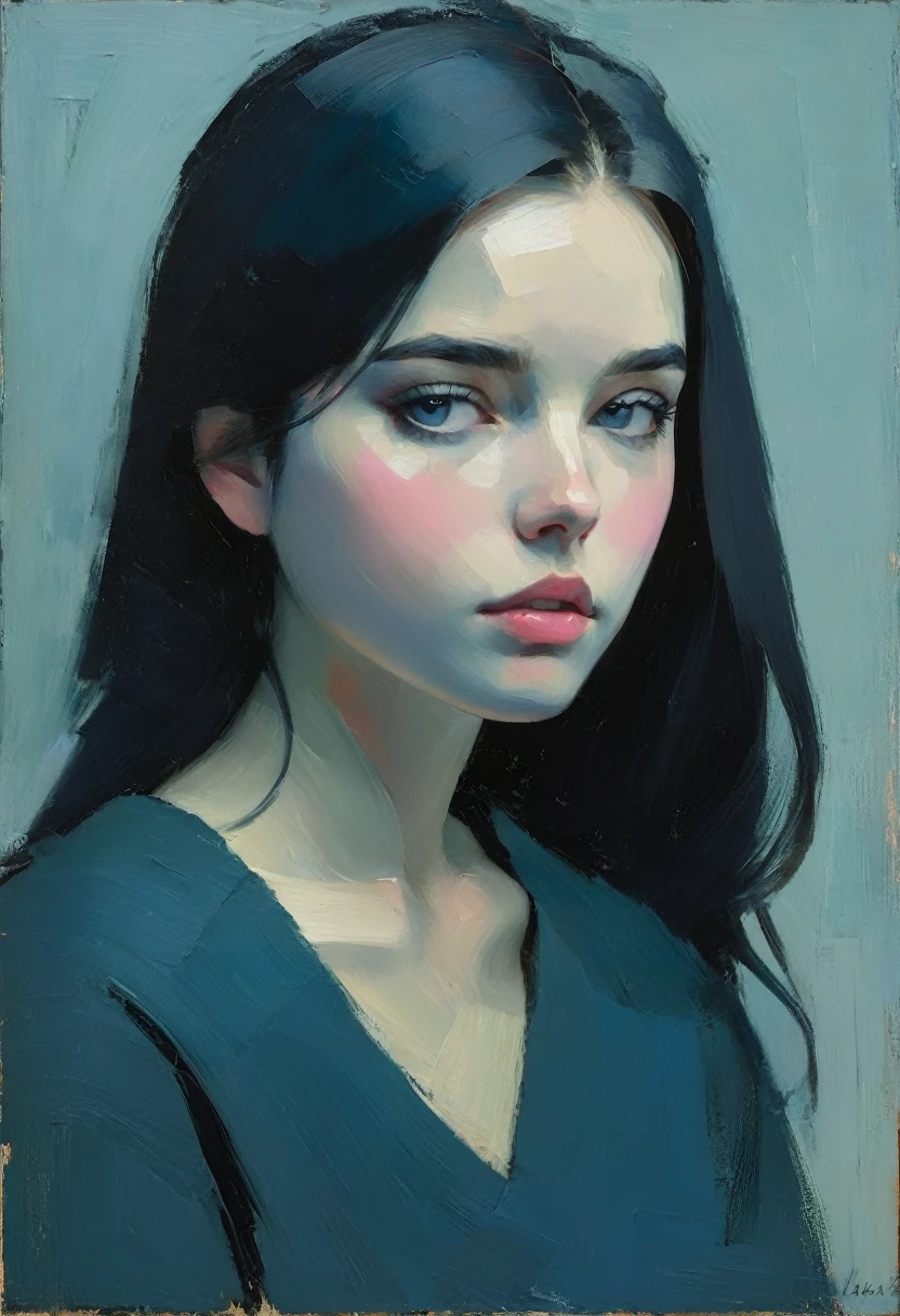 Create an evocative oil painting inspired by Malcolm Liepke, based on the provided image. Capture the intense, introspective expression of the young subject using thick, expressive brushstrokes using a palette of light pink, muted blue, dark grayish blue, bright blue, very dark gray, and light grayish blue. Highlight the emotional depth and vulnerability in the subject's gaze, emphasizing the play of light and shadow on their face. Maintain a simple, textured background that complements the subject's contemplative presence. Focus on the tactile quality of the oil paint to convey the raw emotion and intimacy characteristic of Liepke's style. After applying thick paint, use a dry brush to drag over the surface lightly. This technique can create interesting textures by revealing the underlayers.
